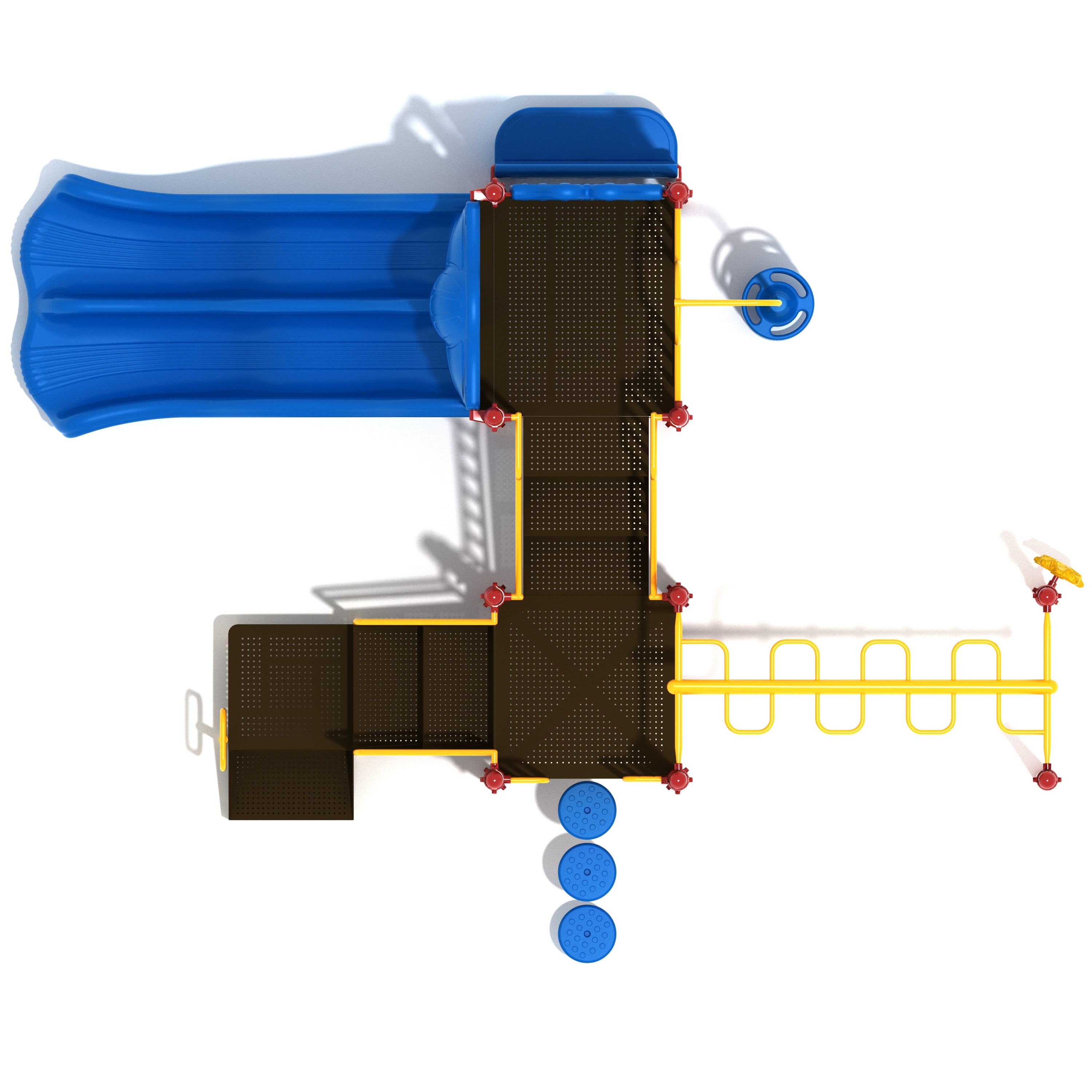 Children's playground structure with blue slide, brown platforms, and yellow climbing bars on a white background.
