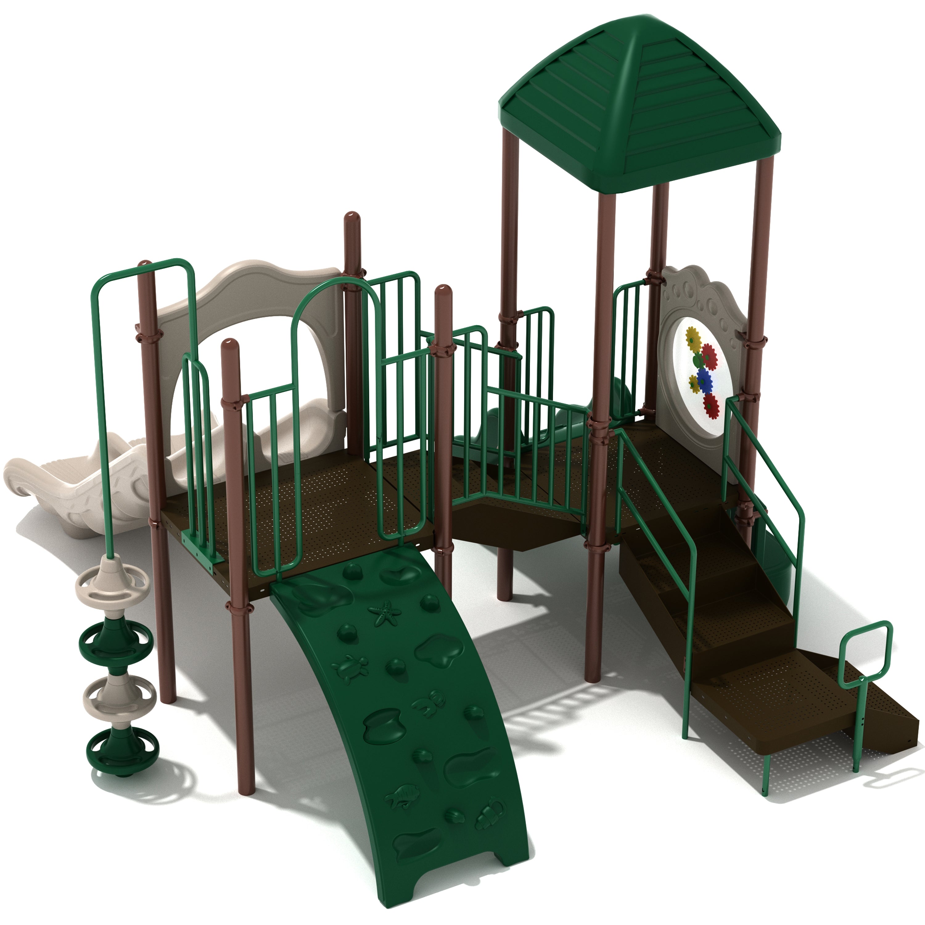 Children's playground structure with gray slide, climbing wall, and play equipment on a white background