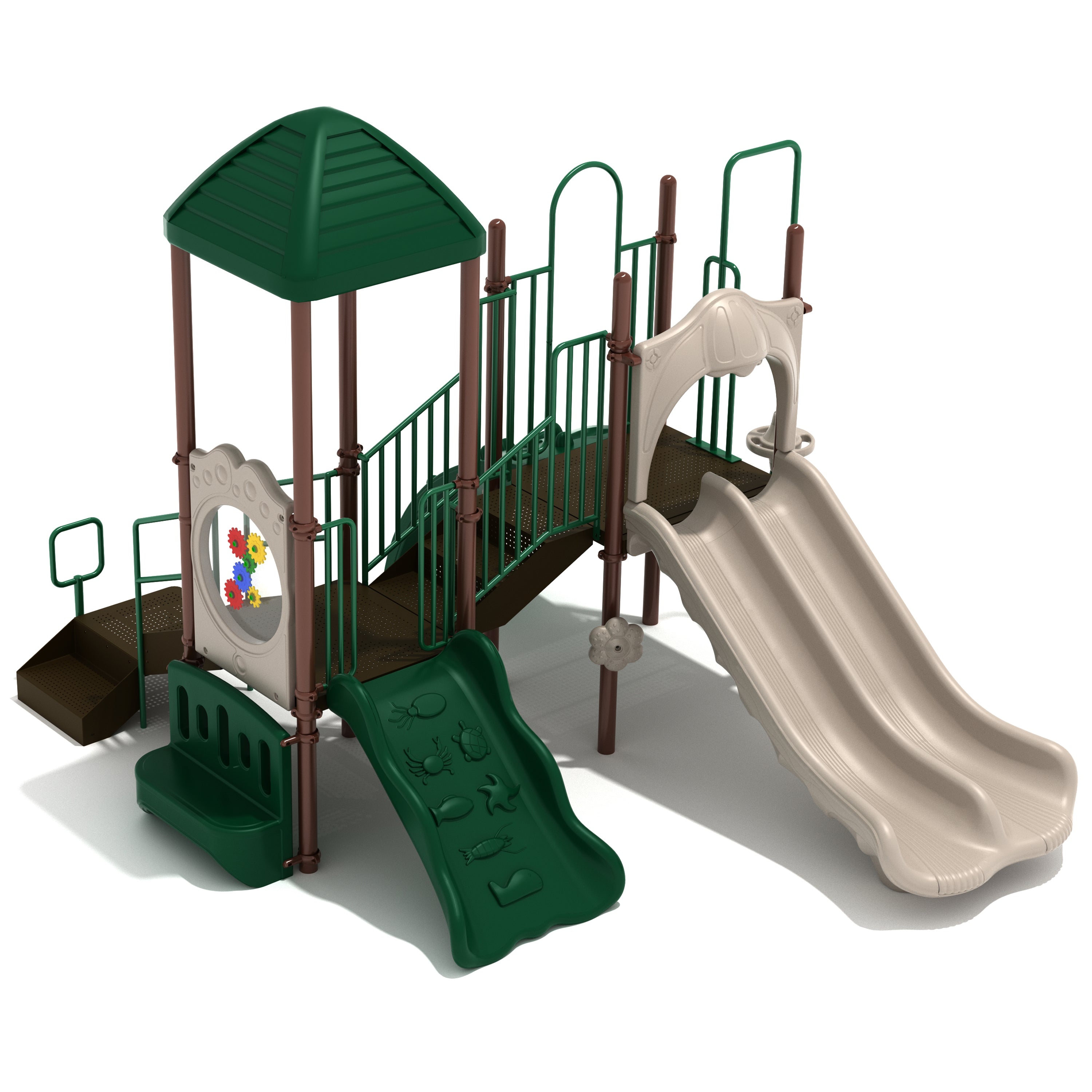 Children's playground set with slides and climbing structure on a white background