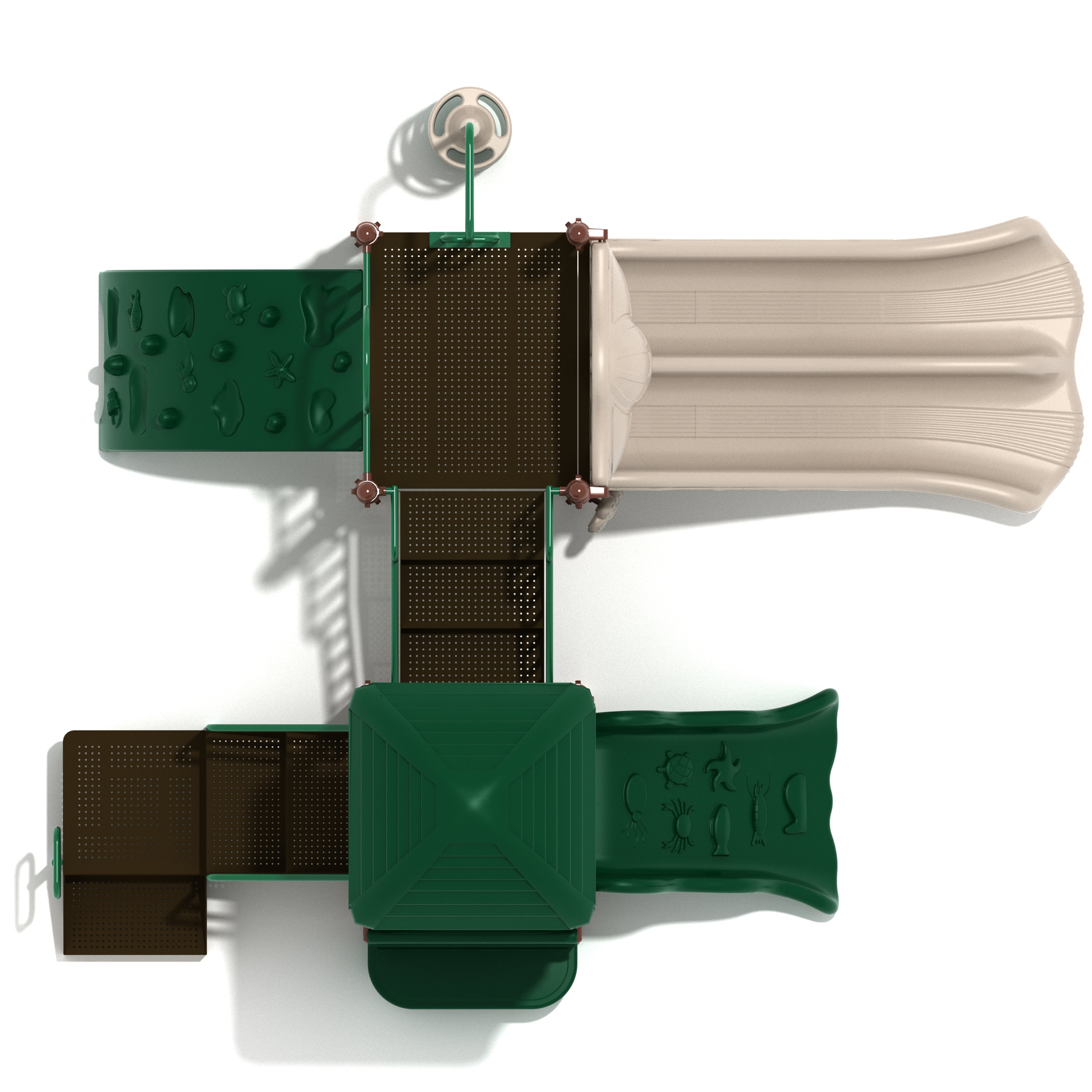 Children's playground structure with green, brown, and beige elements on a white background