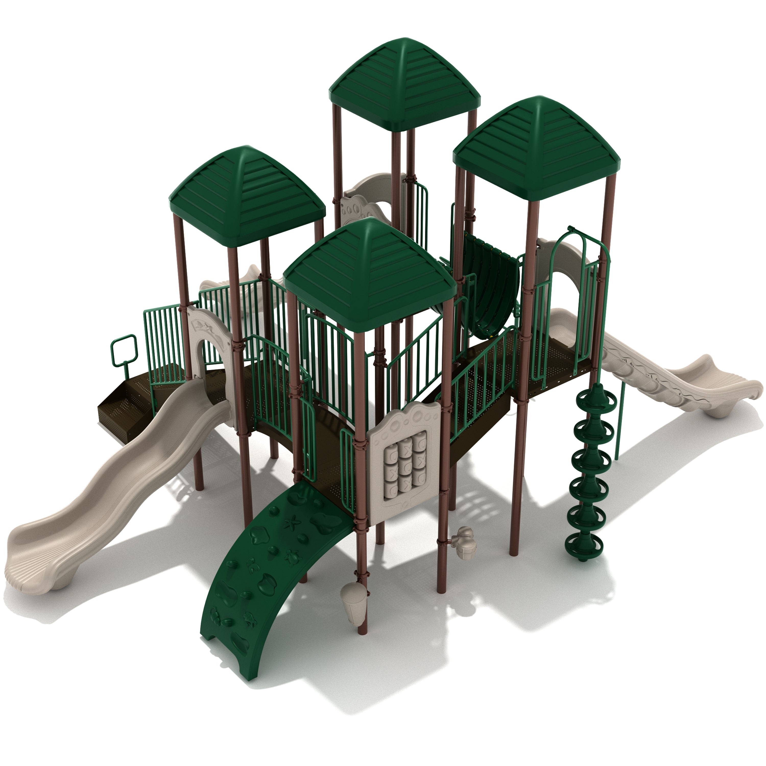 Playground structure with slides and climbing elements on a white background