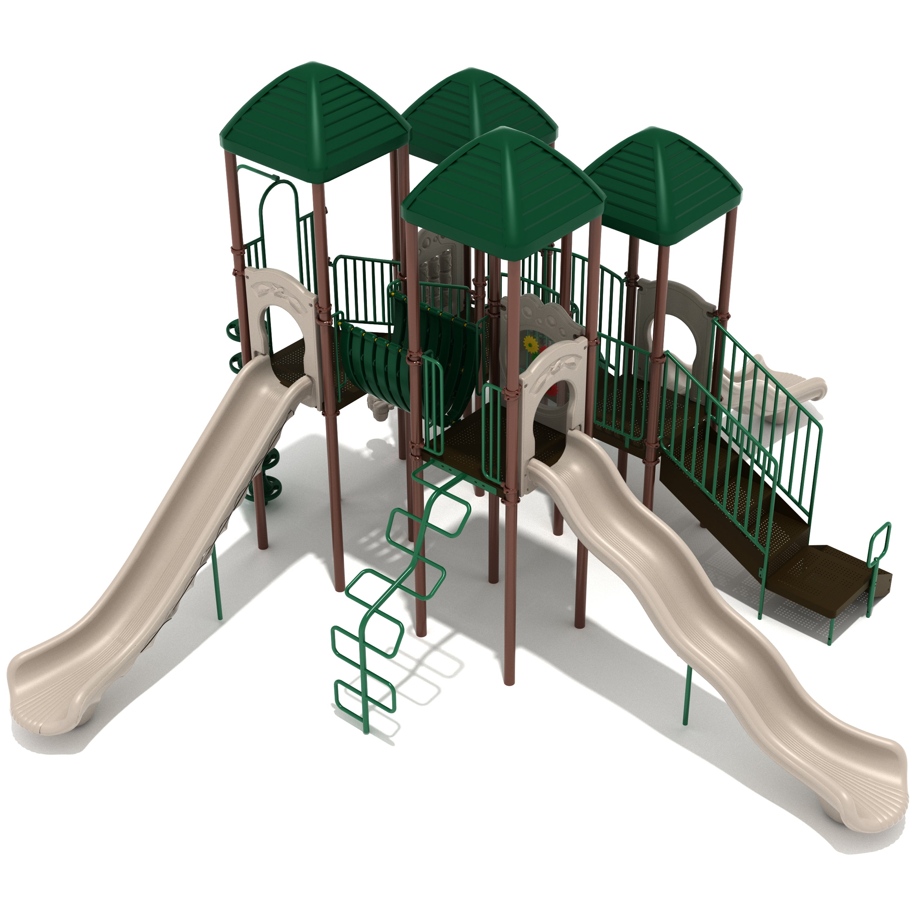 Playground structure with slides and climbing elements on a white background