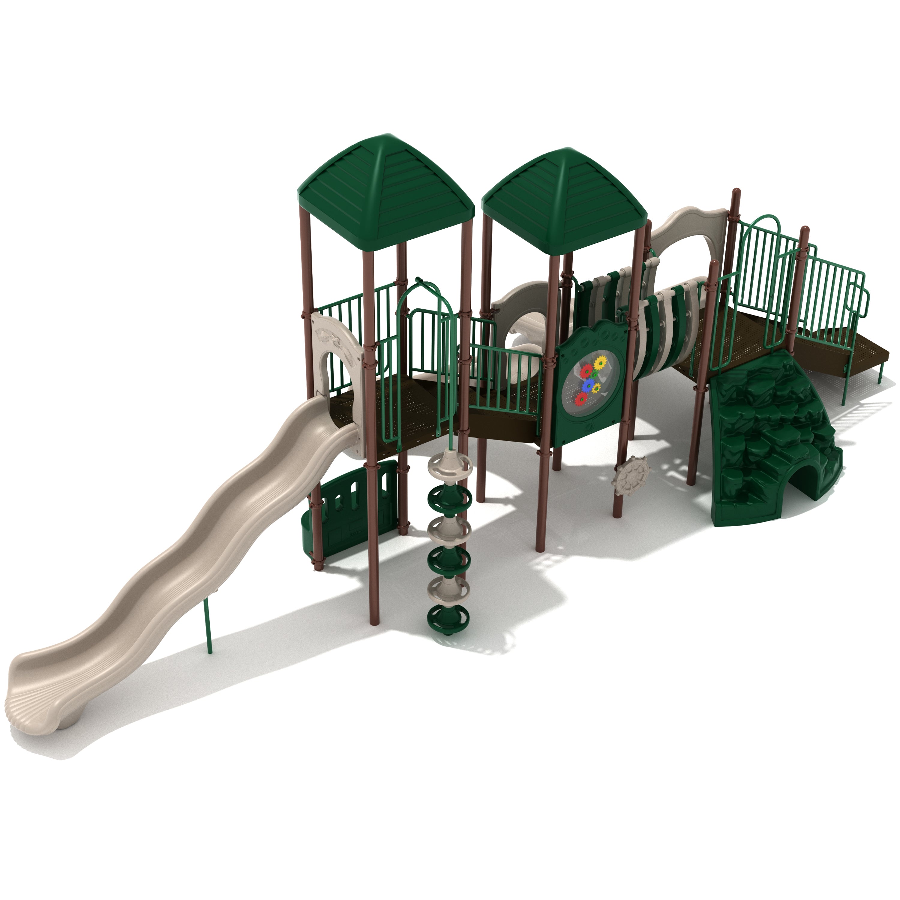 Playground structure with slides and climbing elements on a white background