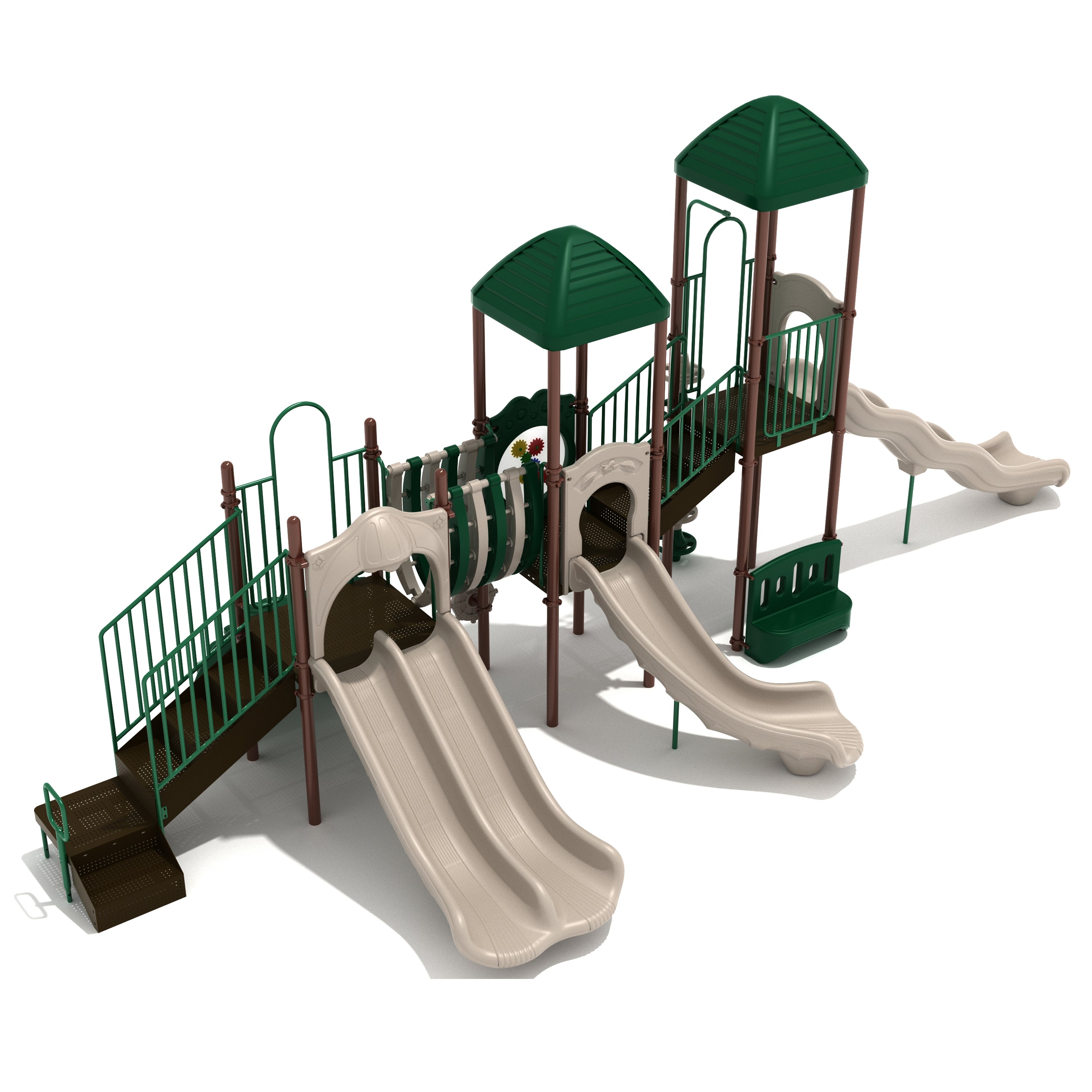 Playground structure with slides and climbing elements on a white background