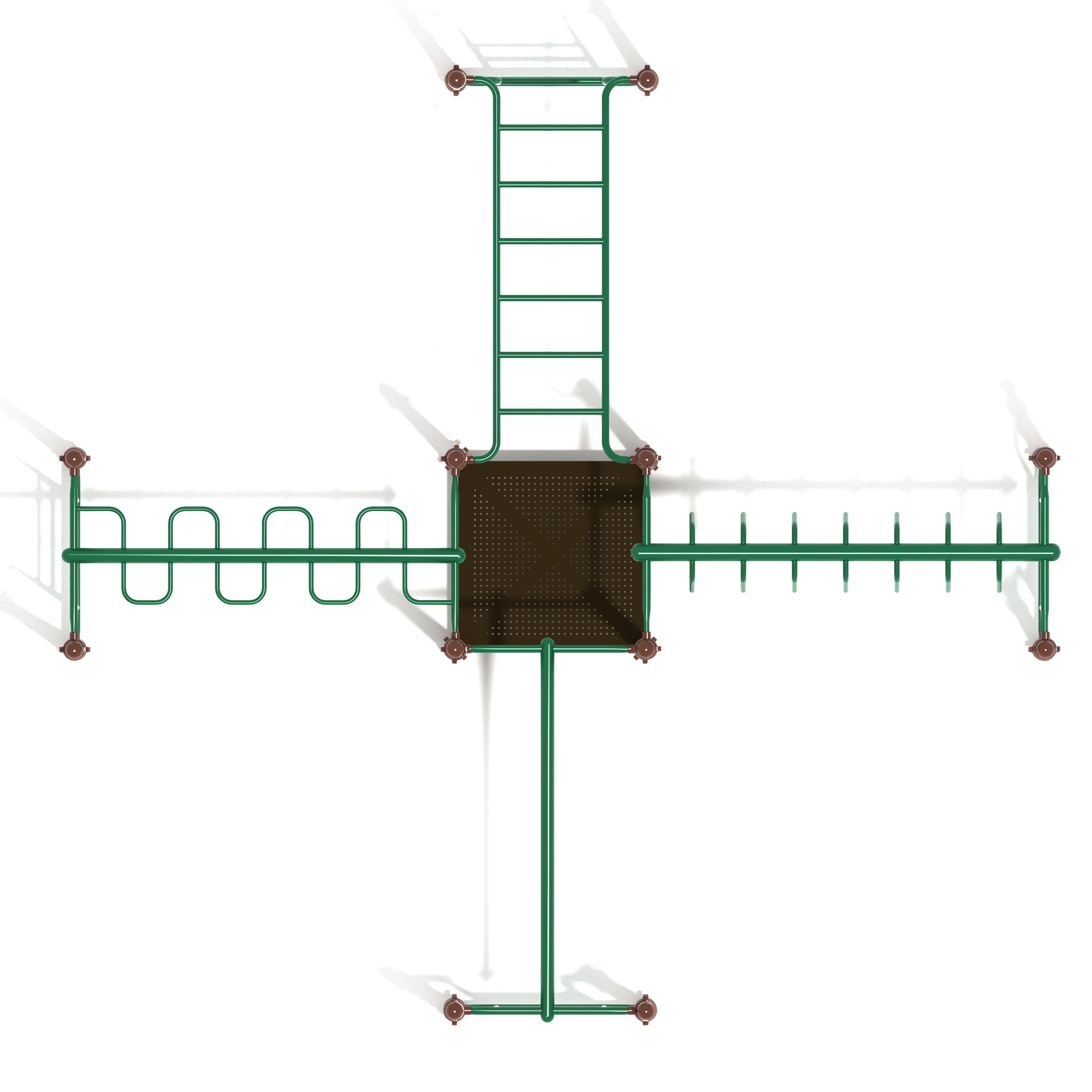 Green metal playground structure with ladder and platforms on a white background