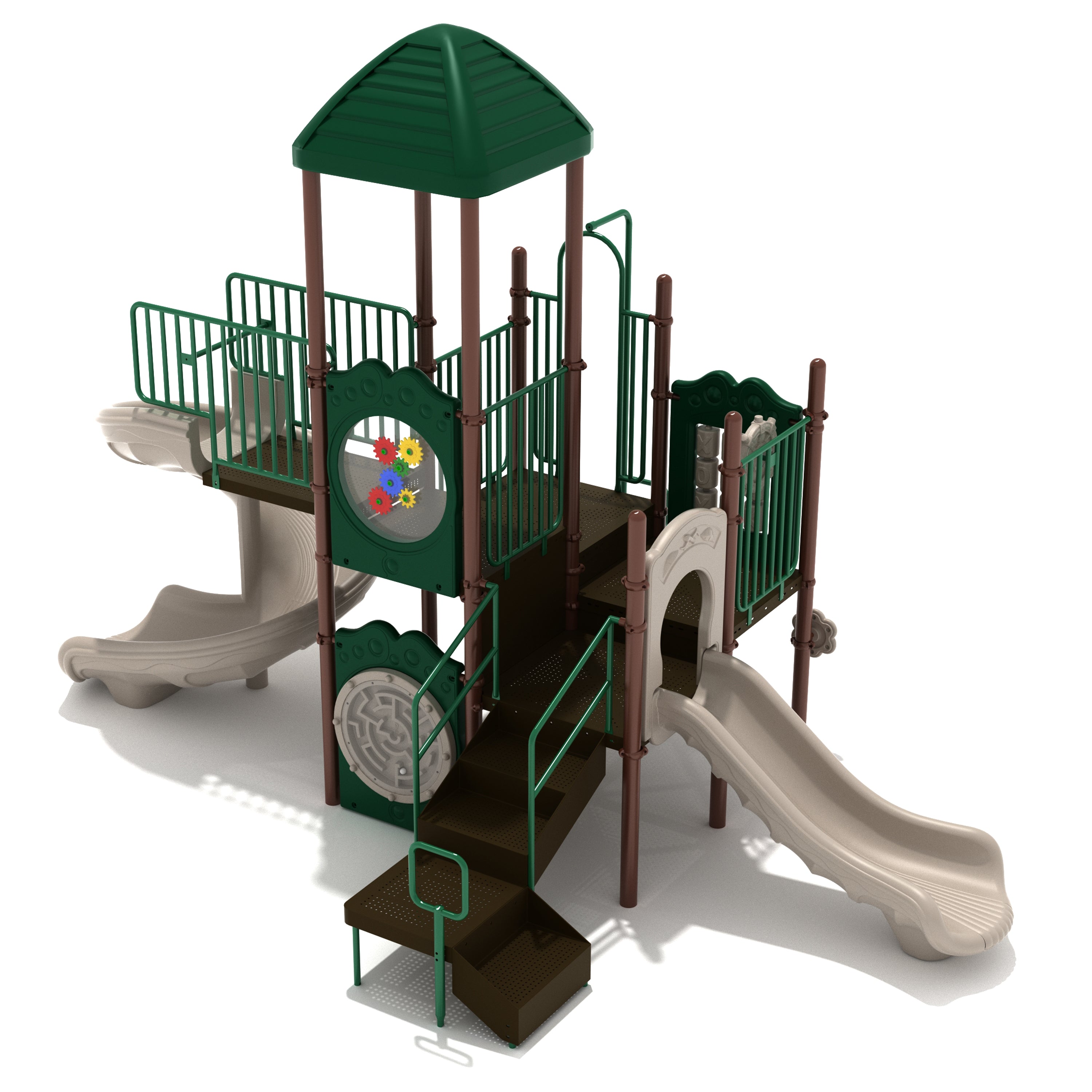 Children's playground structure with slides and climbing areas on a white background