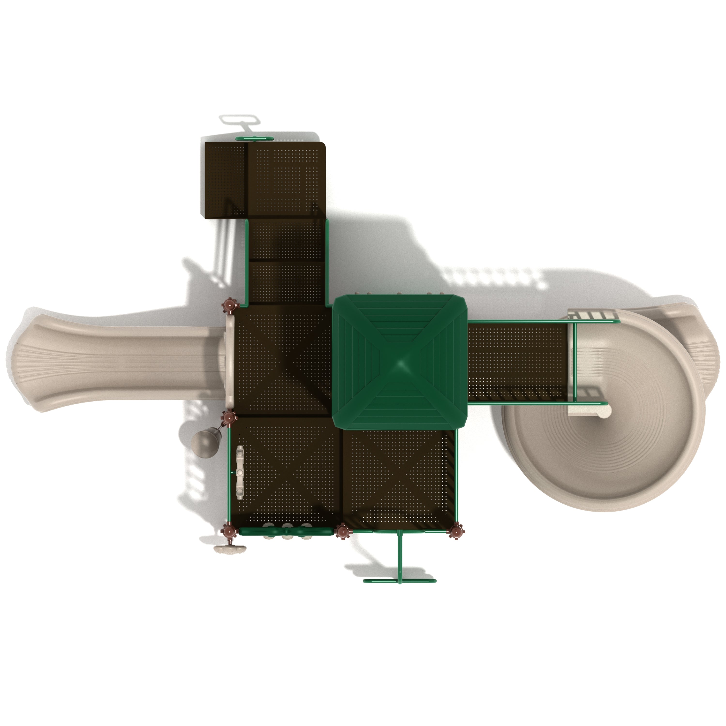 Playground structure with green and brown panels on a white background