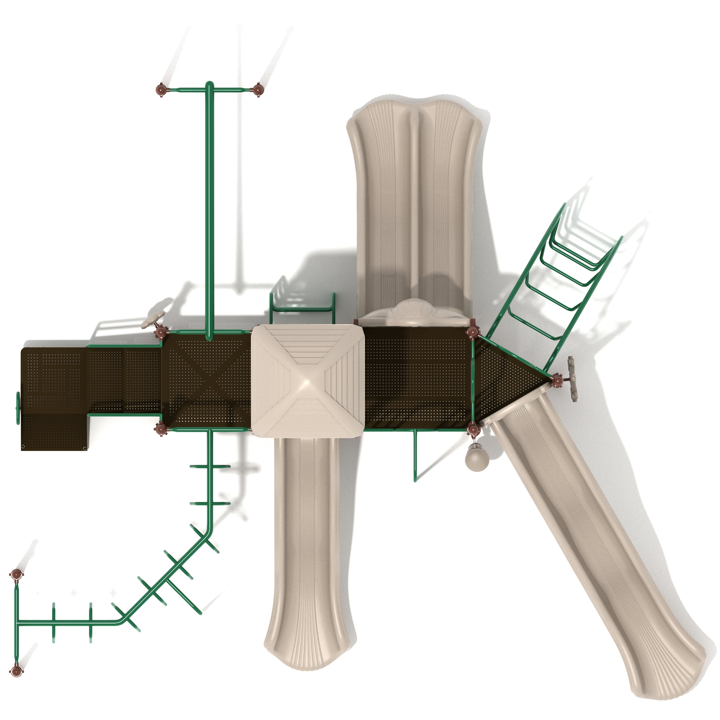 Children's playground structure with slides and climbing elements on a white background