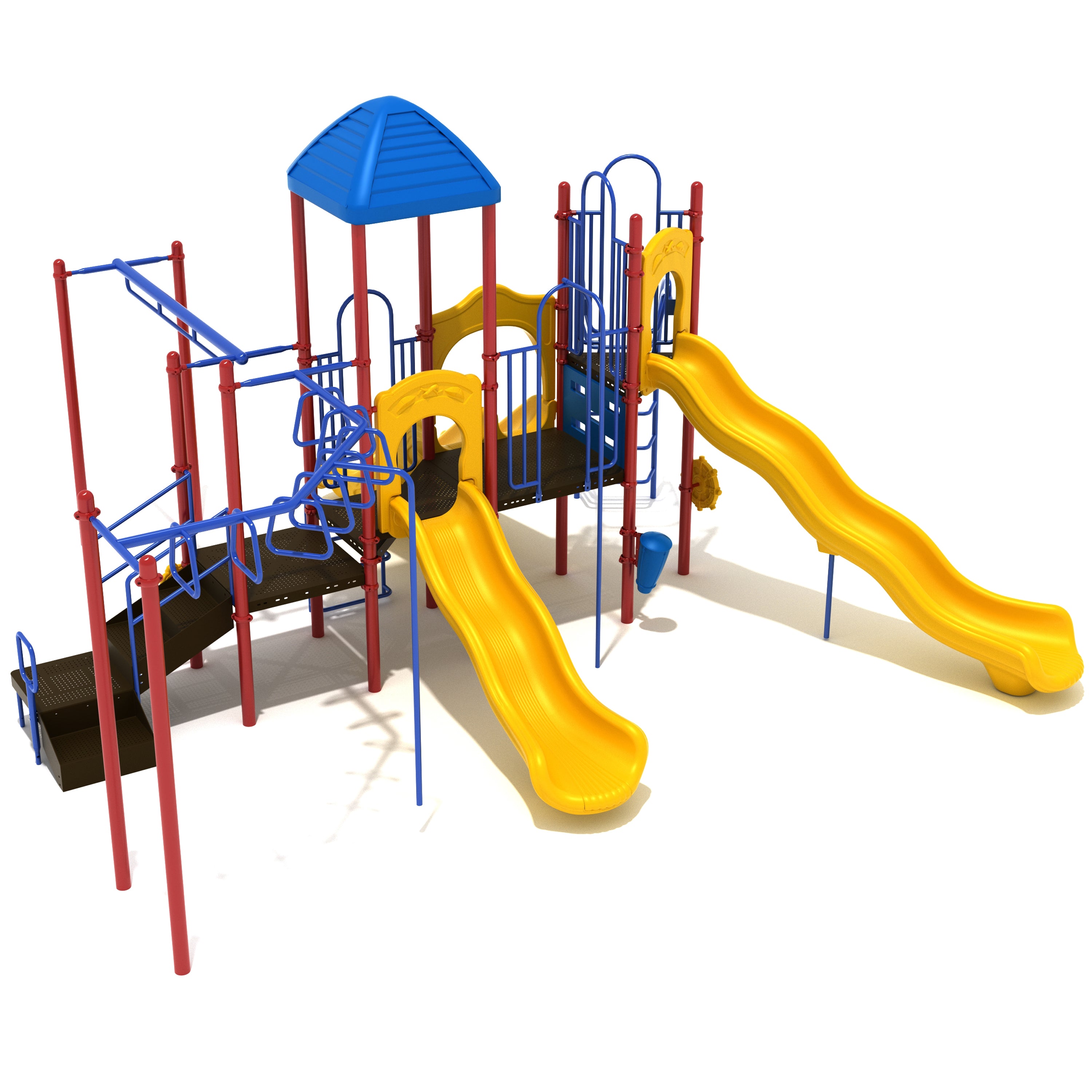 Colorful playground structure with slides and climbing elements on a white background