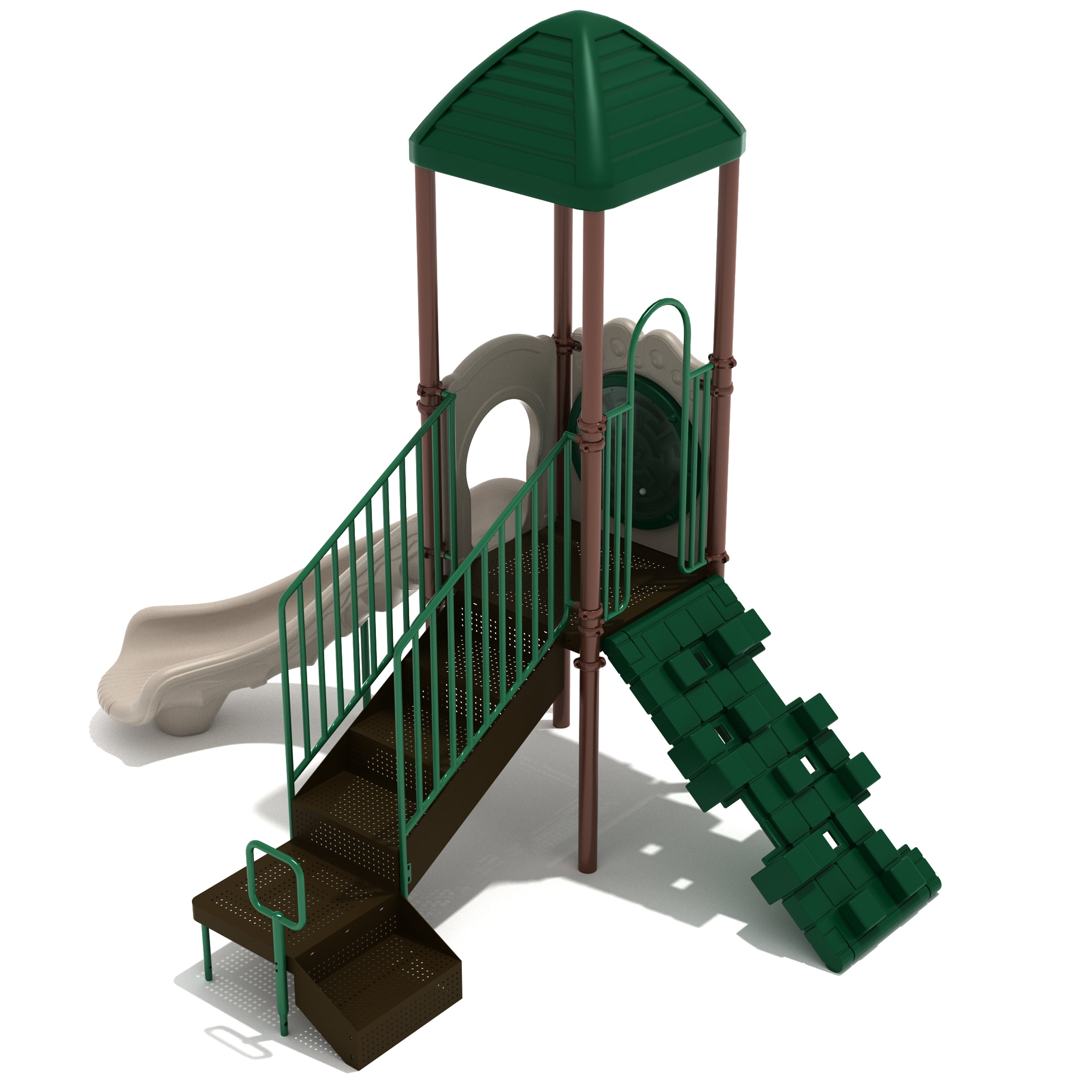 Playground structure with green roof, slide, and stairs on a white background
