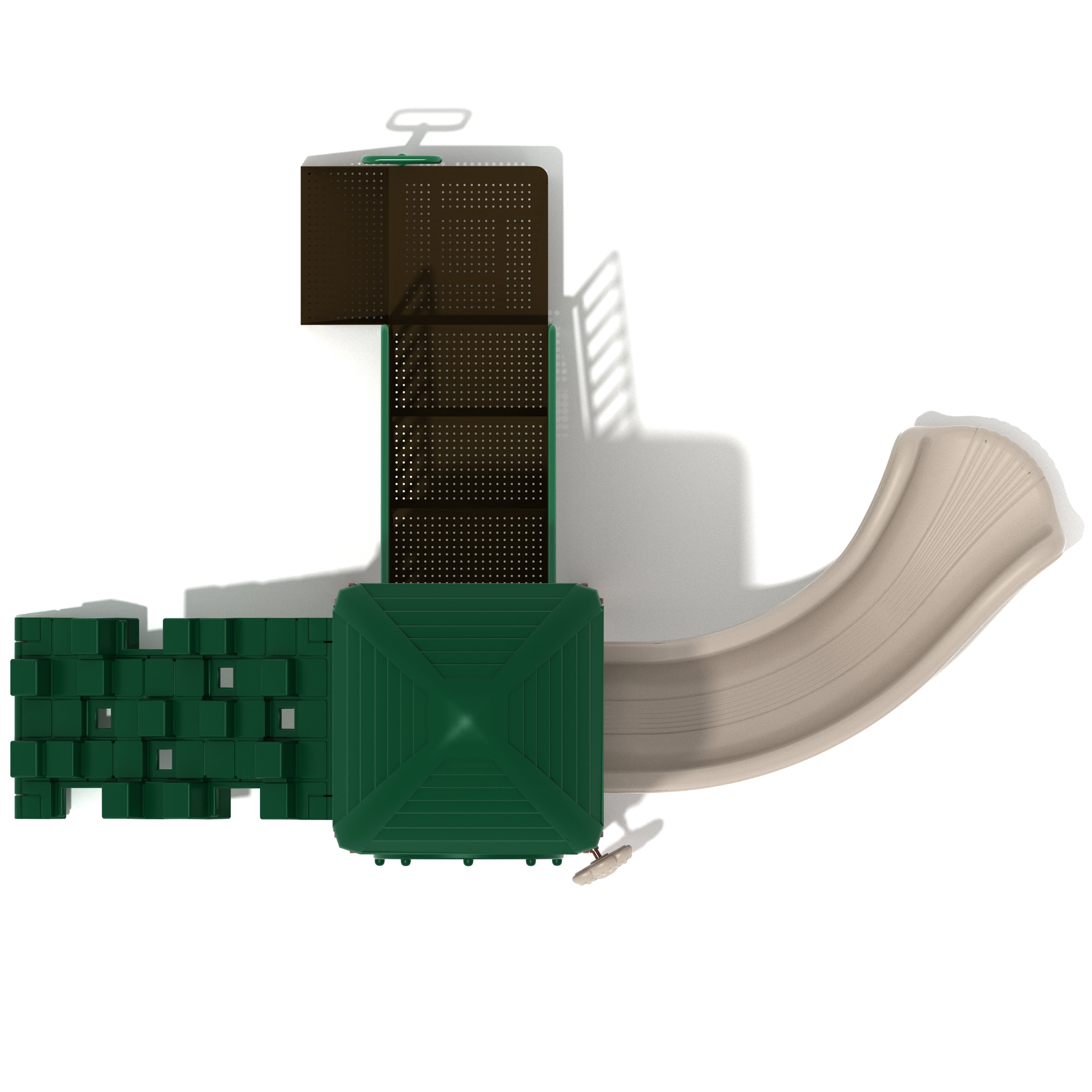 Children's playground structure with gray and green slides on a white background