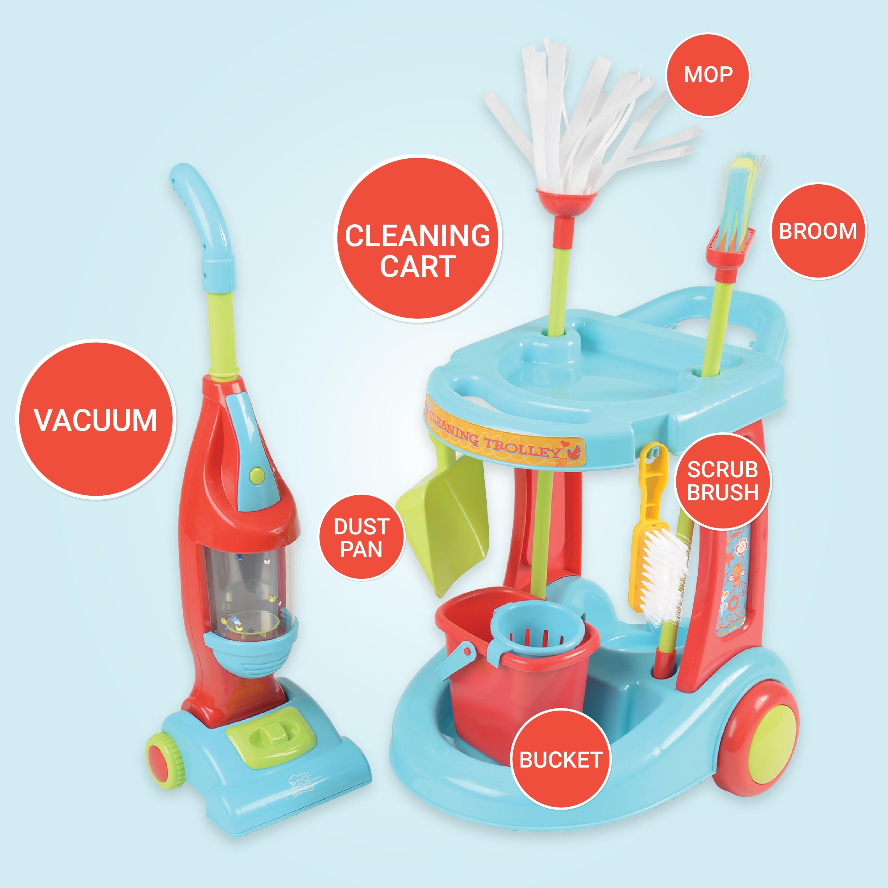 Toy cleaning set with labeled components on a light blue background
