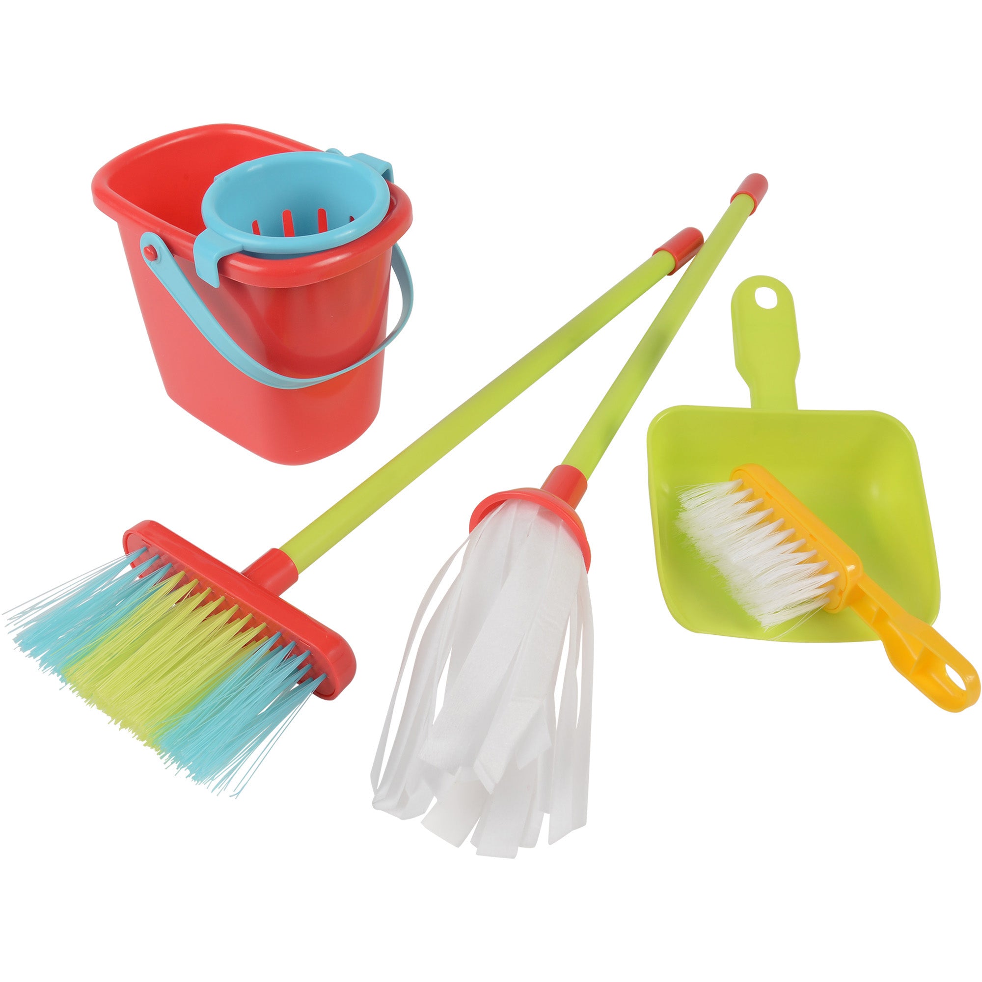 Set of colorful cleaning tools including a red bucket, broom, brush, and dustpan on a white background.