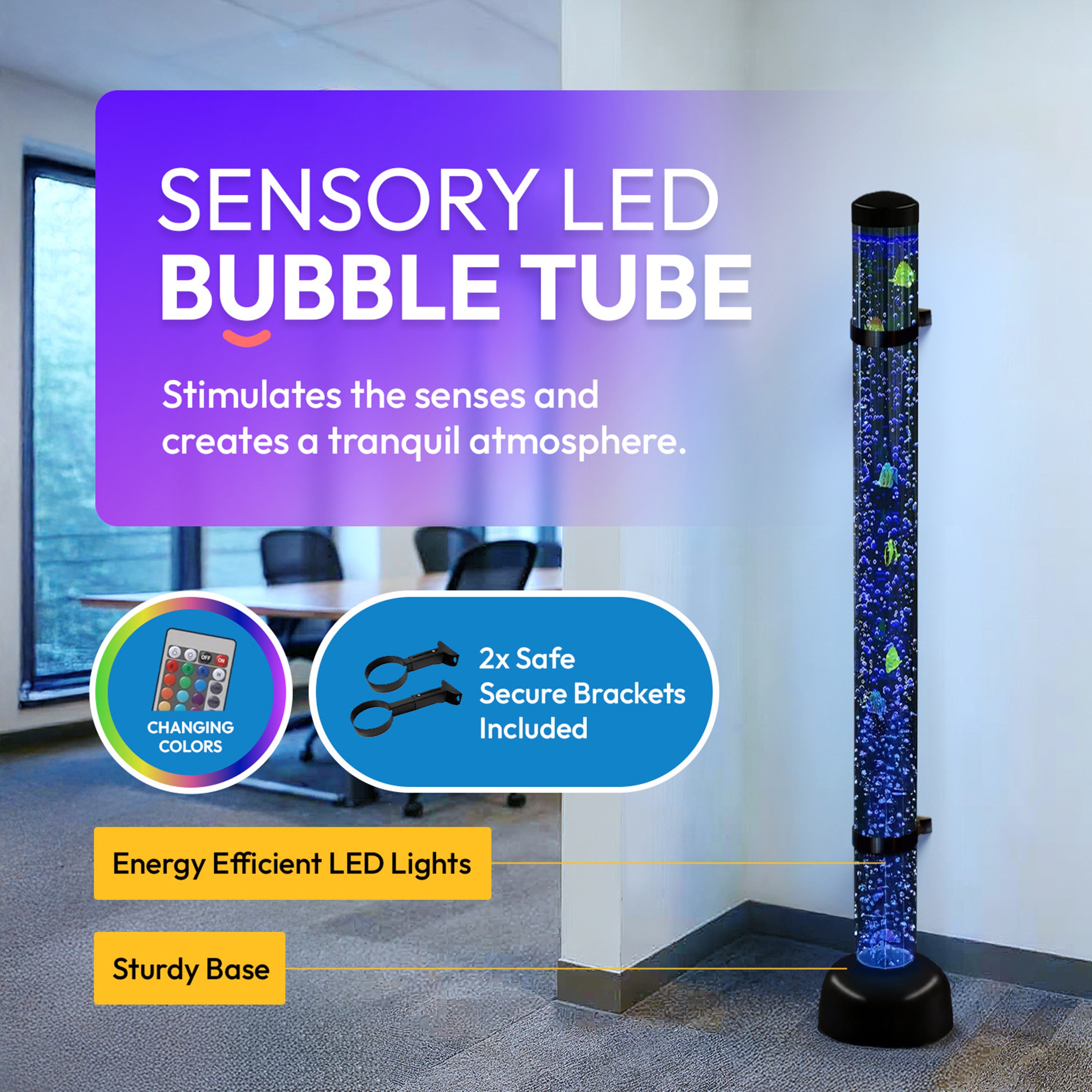 Sensory LED bubble tube in a room with office furniture, featuring text about its features.