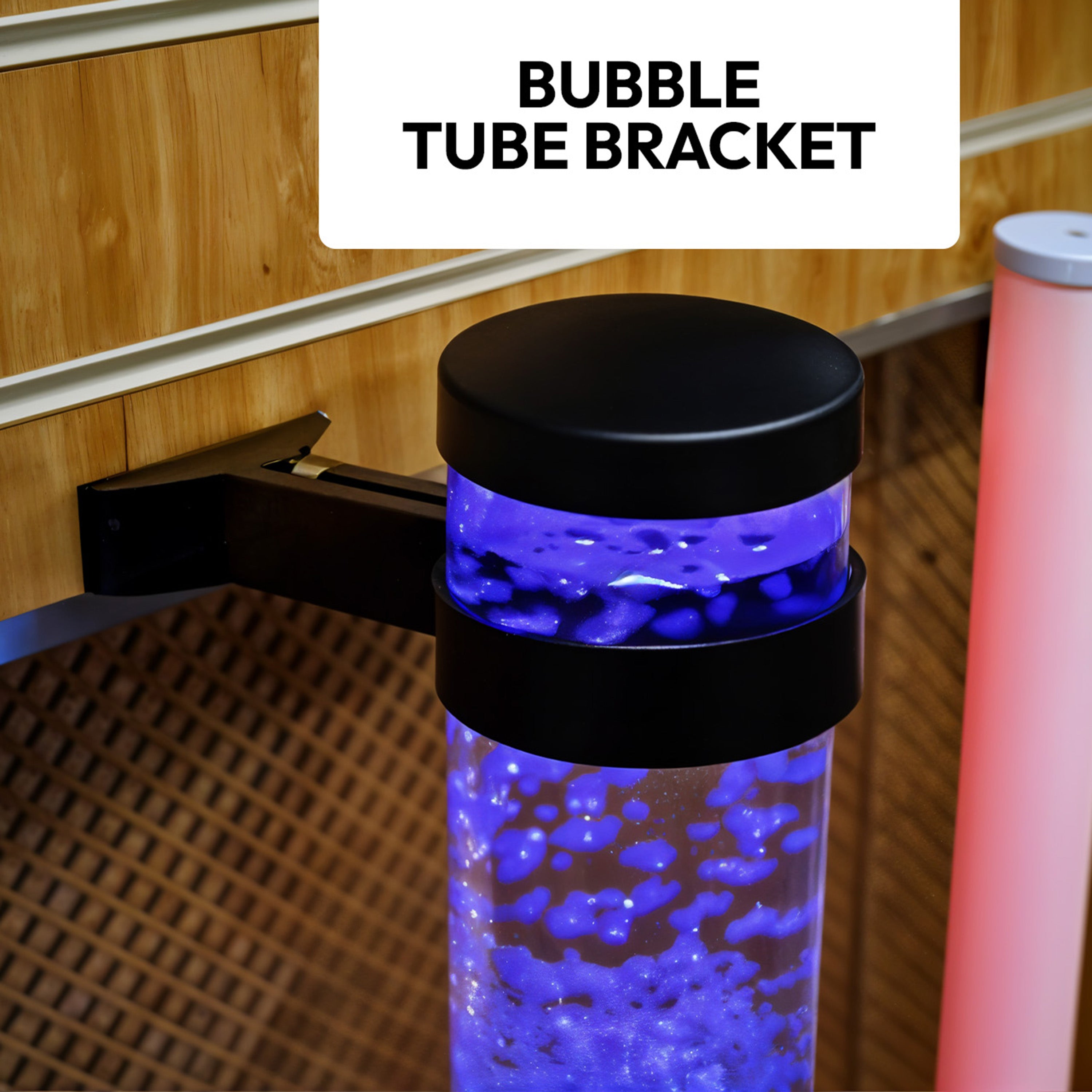 Bubble tube bracket with a glowing blue bubble tube attached to a wooden surface.