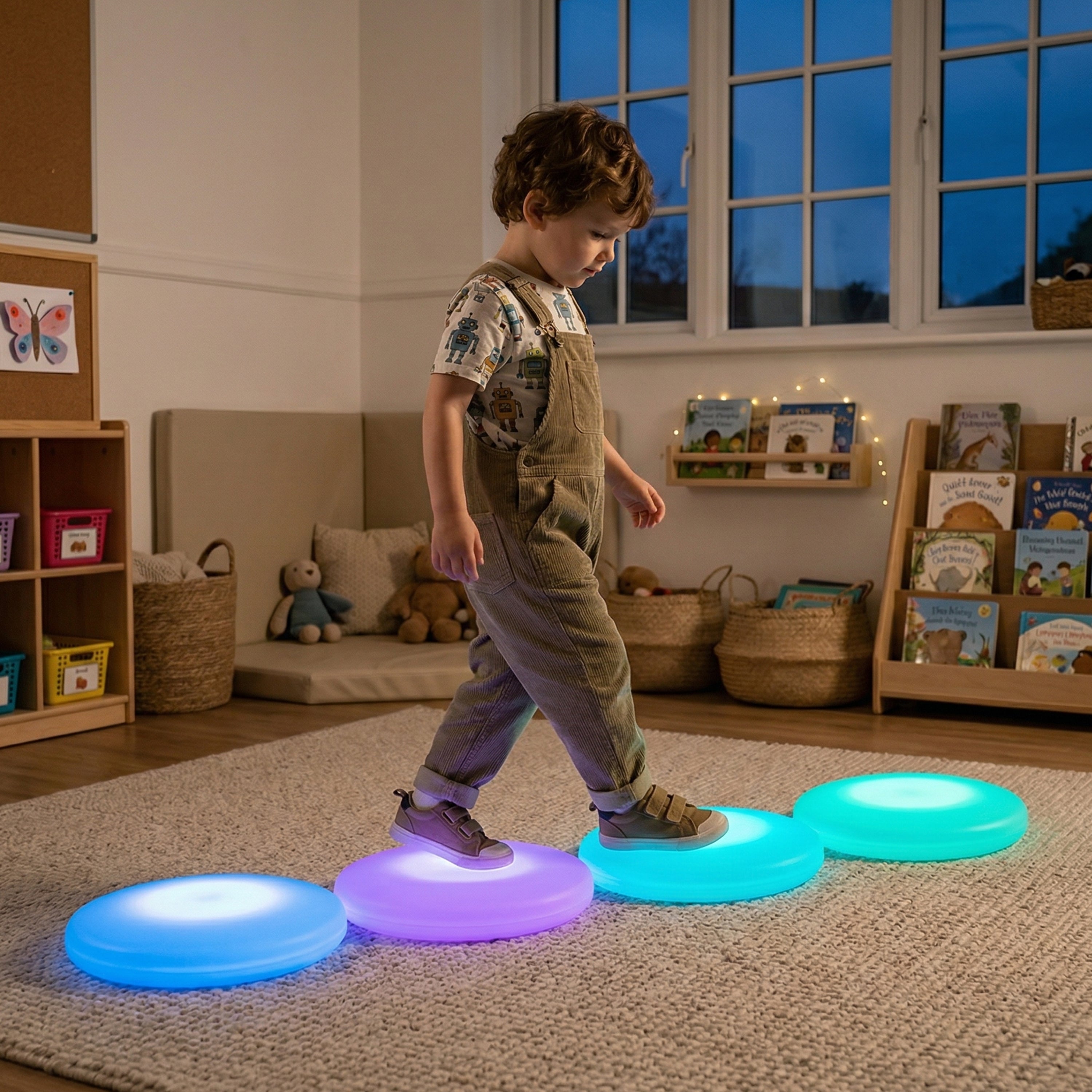 Interactive Round LED Floor Tiles | 4-Piece Rechargeable Sensory Light Set