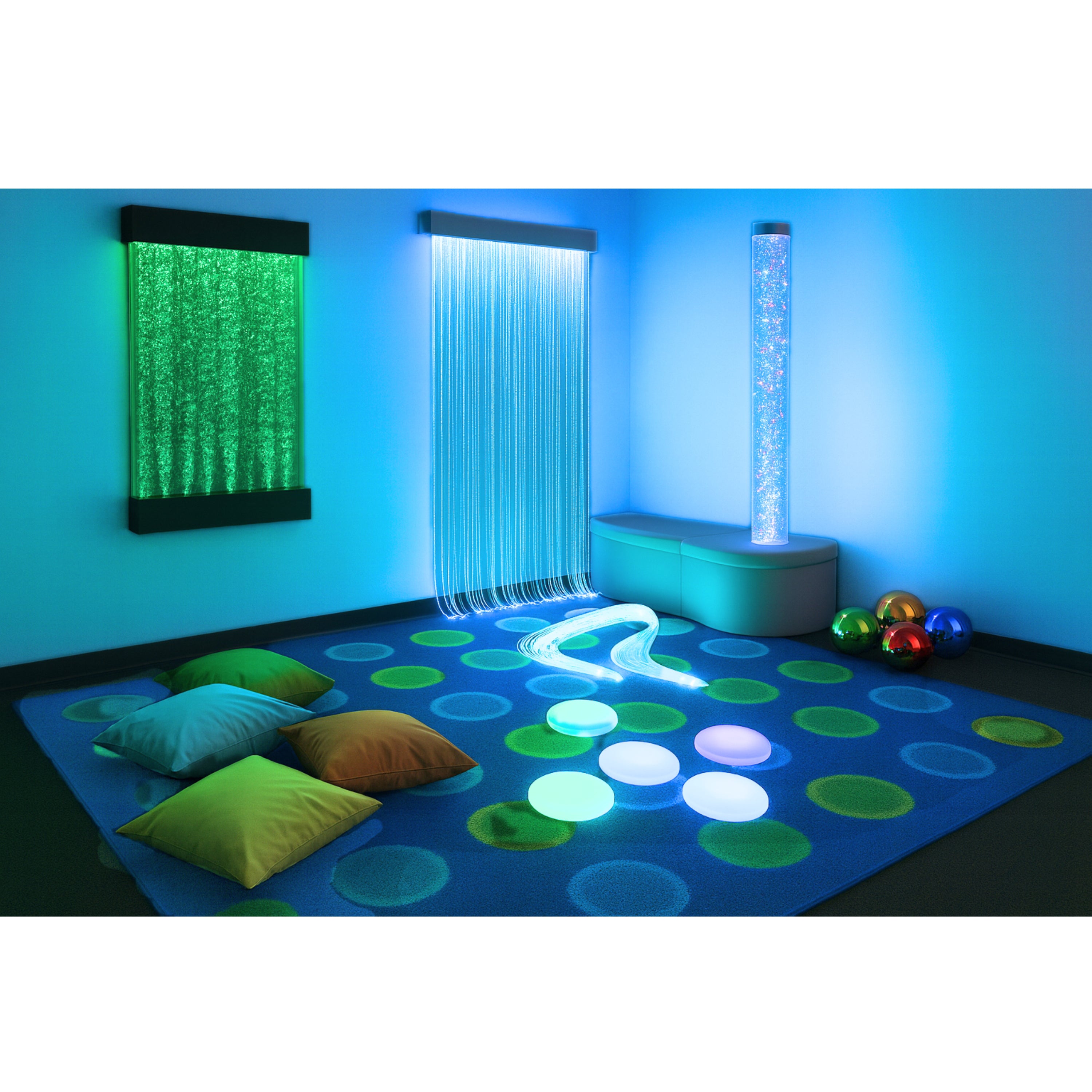Colorful sensory room with LED lights and floor mat