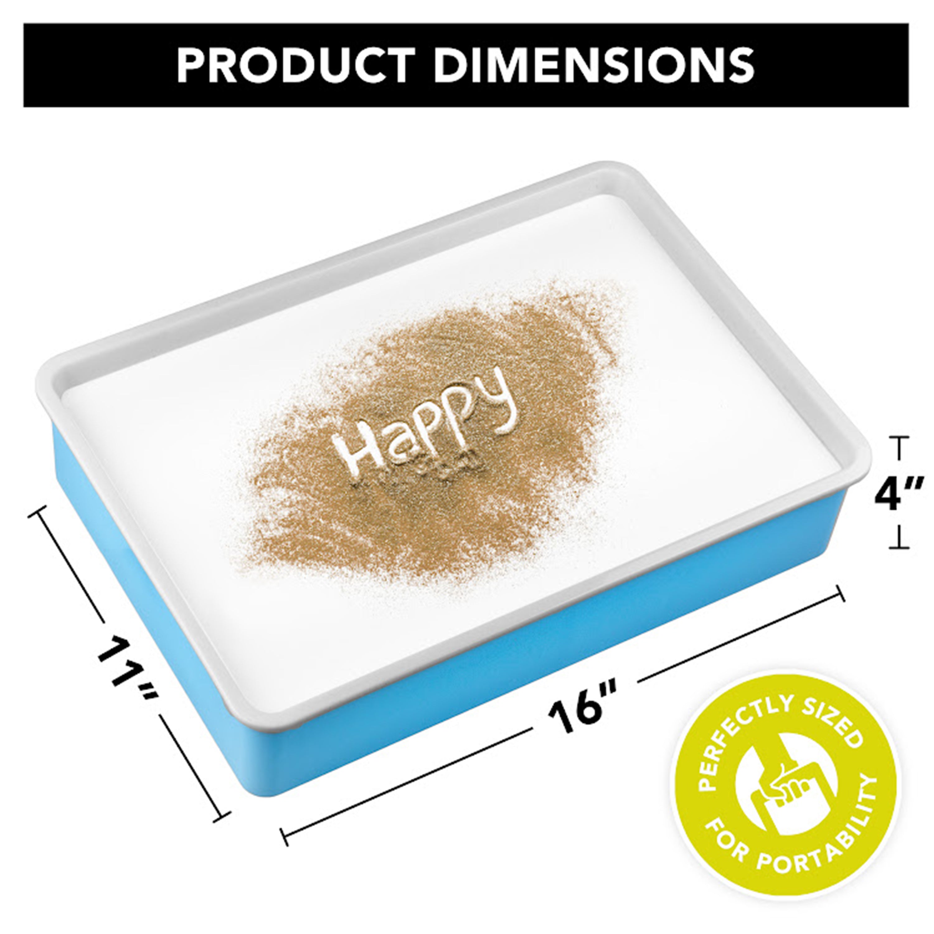 Rectangular tray with sand and 'Happy' text, dimensions shown, and 'Perfectly sized for portability' badge.