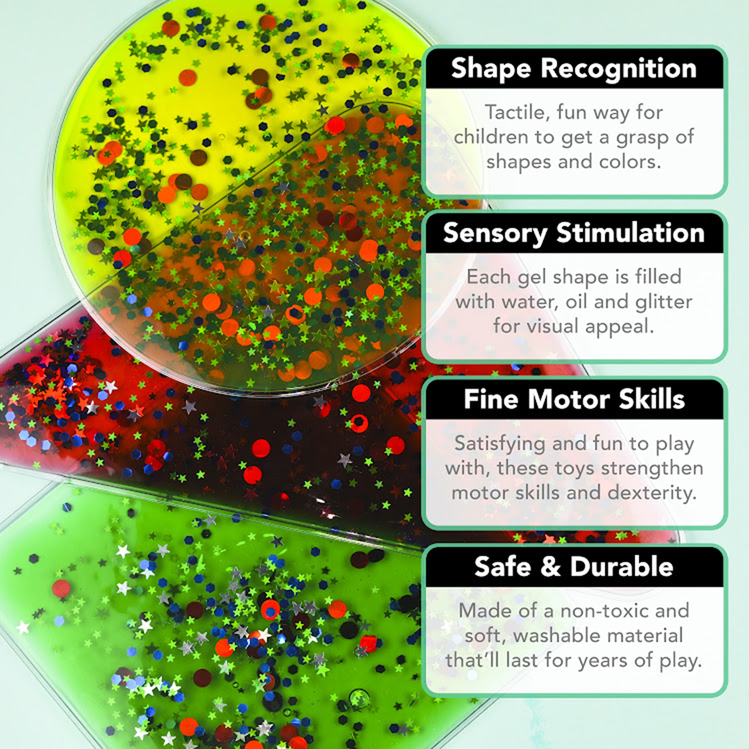 Colorful gel with shapes and glitter, labeled for educational benefits.