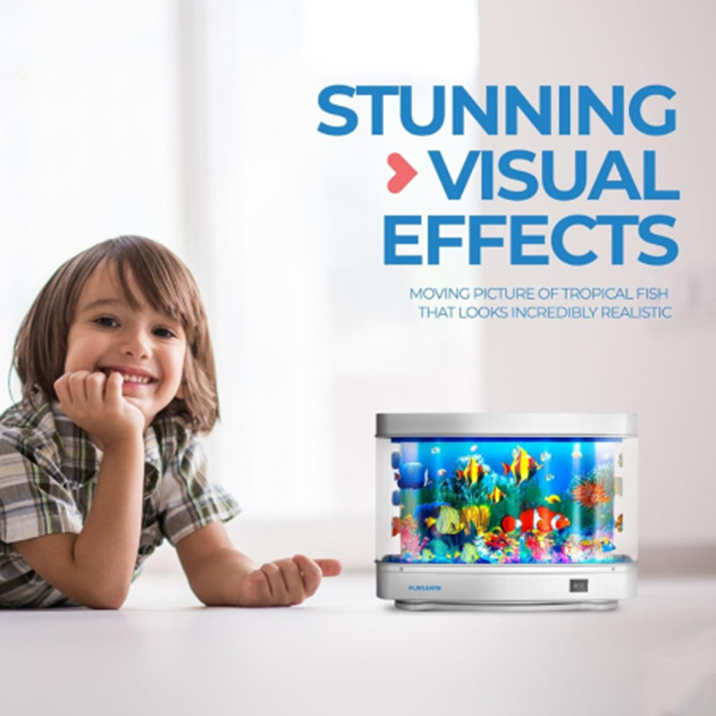 Child with a small aquarium displaying tropical fish, with text about stunning visual effects.