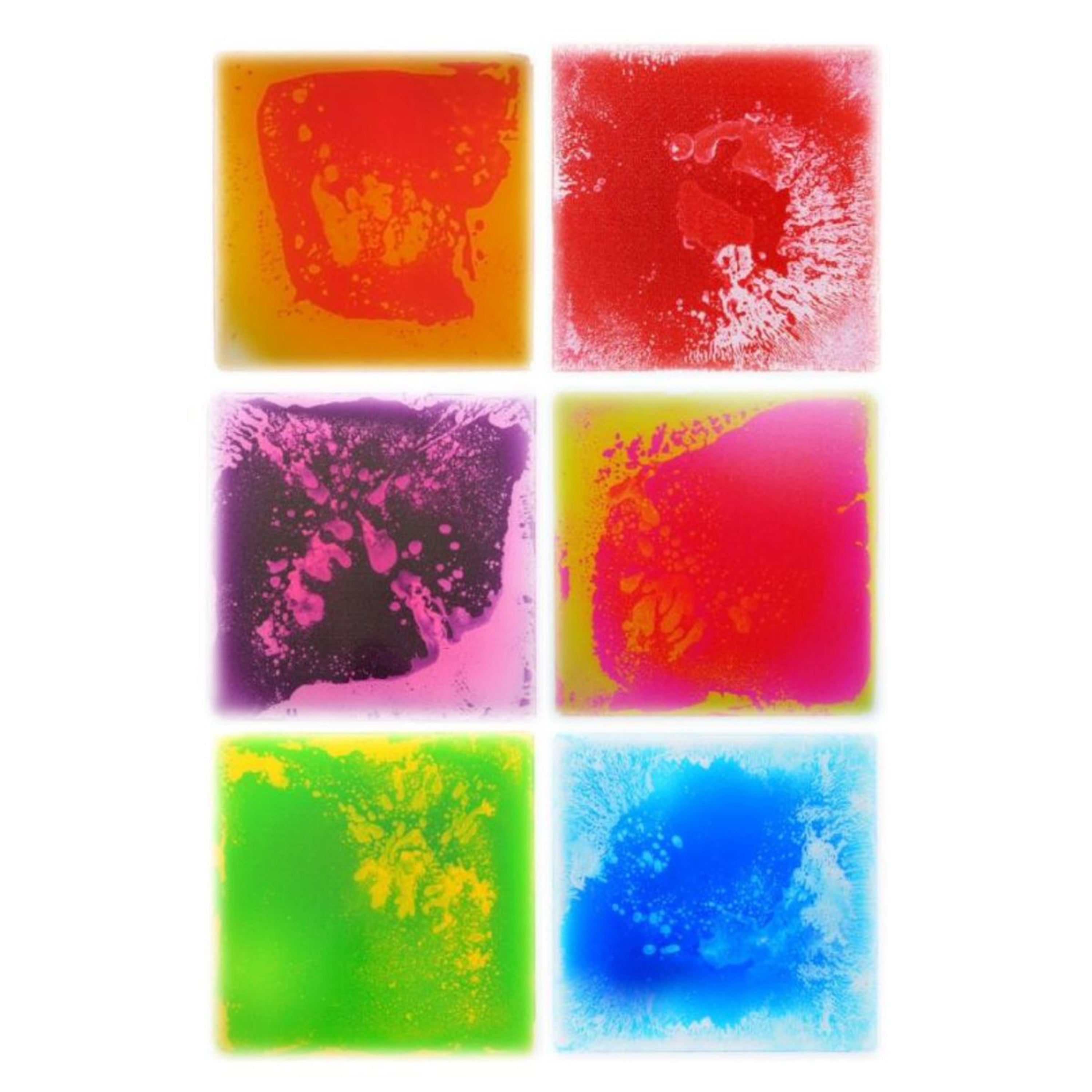 Six colorful square blocks with abstract patterns on a white background