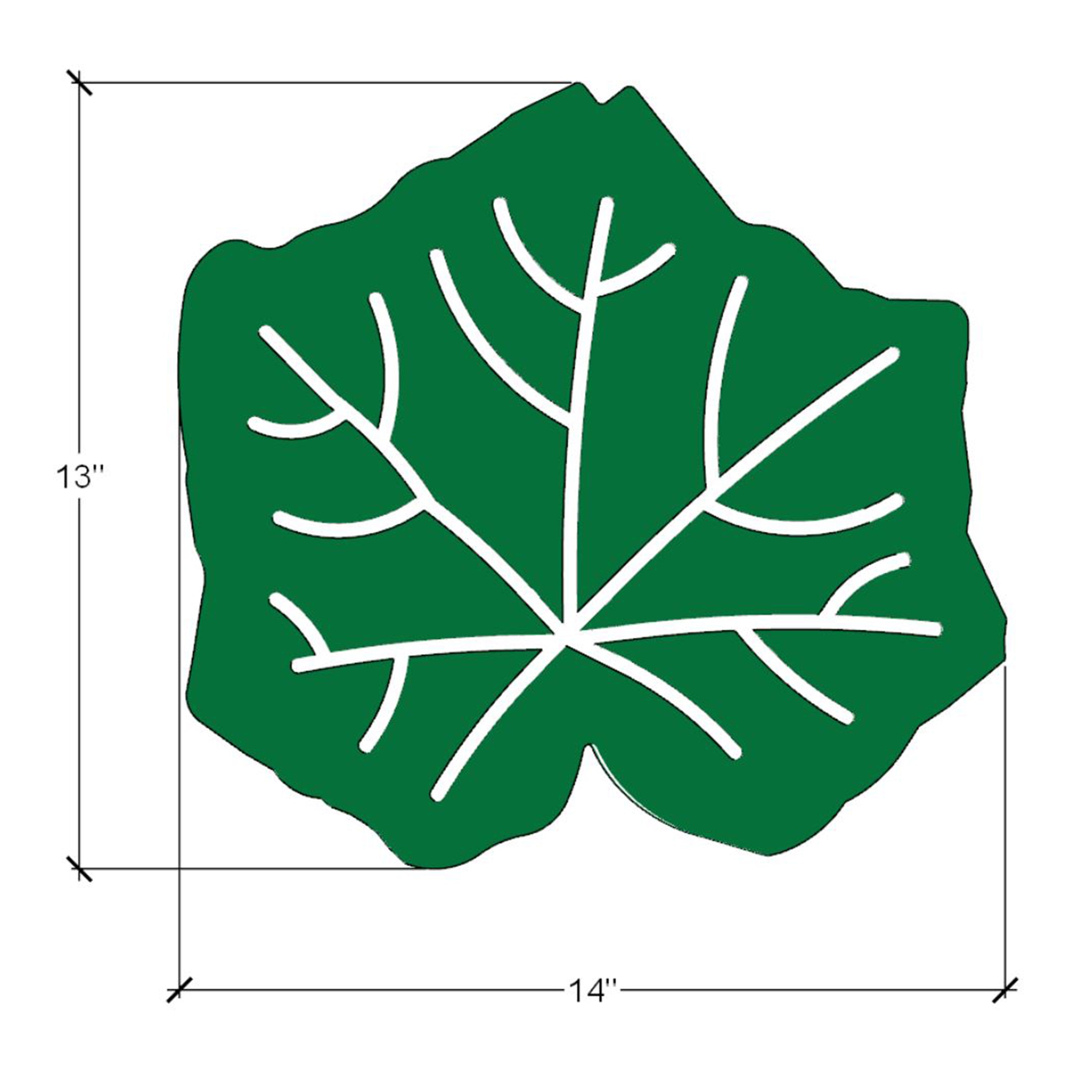 Green leaf-shaped object with white veins and measurements on a white background