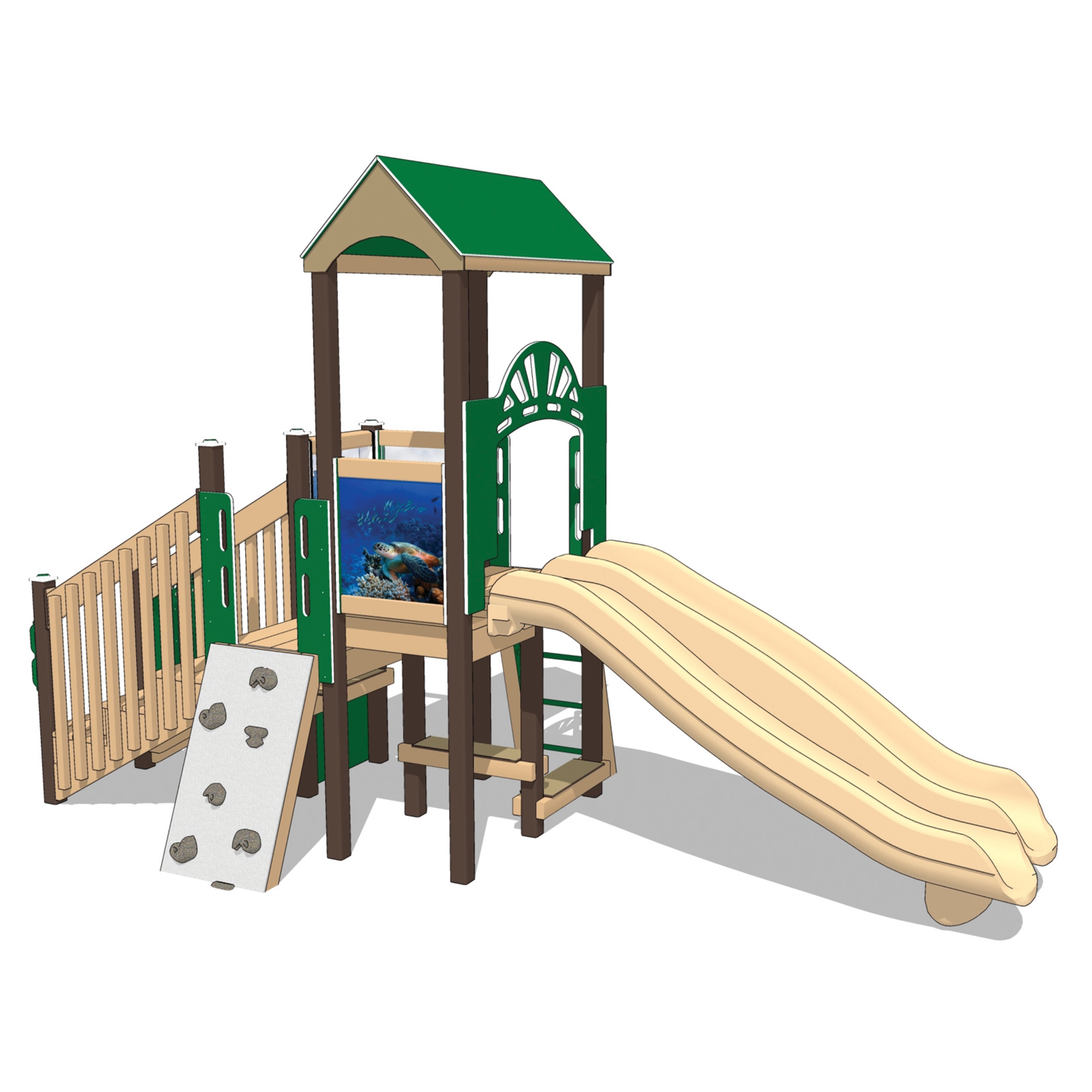 Children's playground structure with slide and climbing area on a white background
