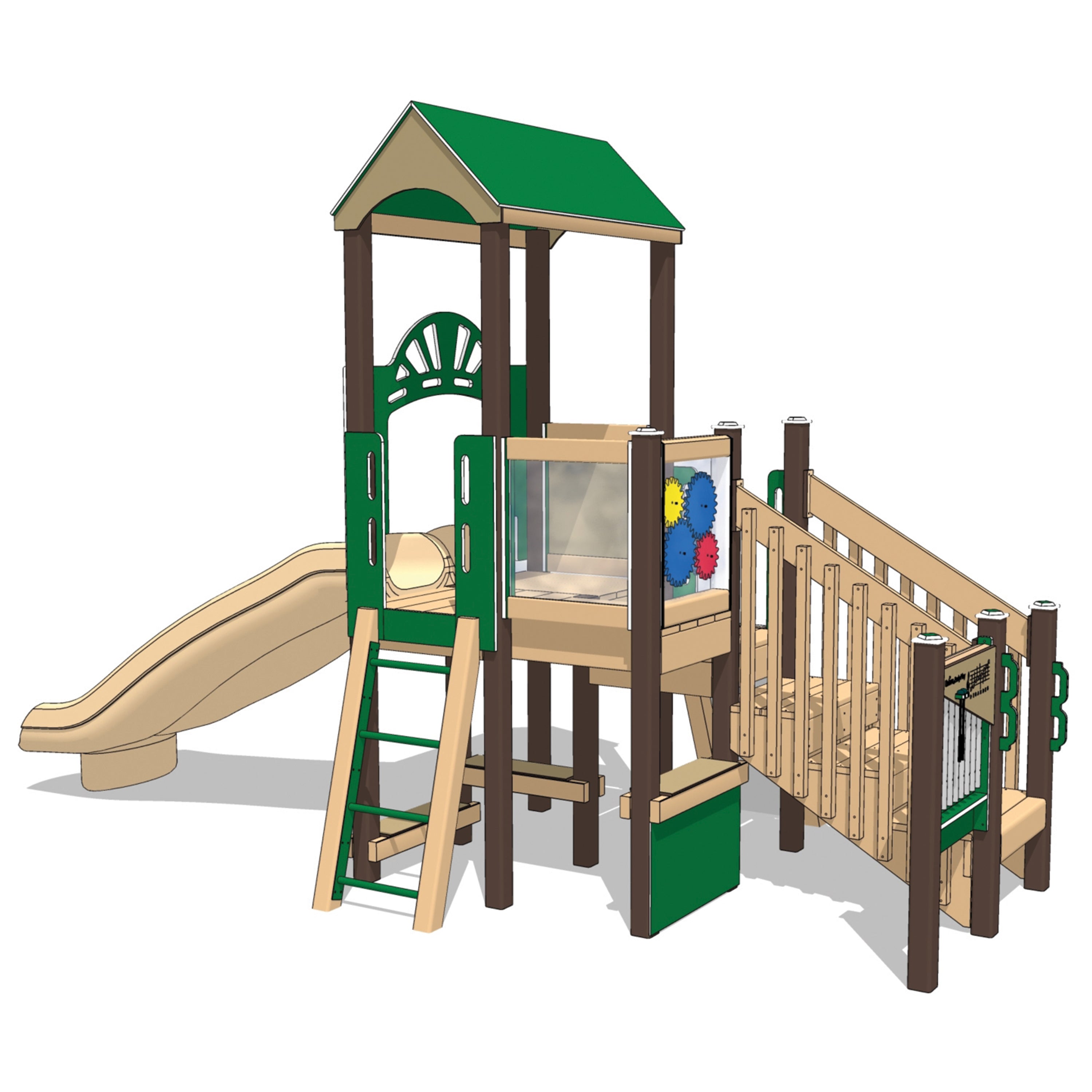 Children's wooden playset with slide, ladder, and climbing structure on a white background