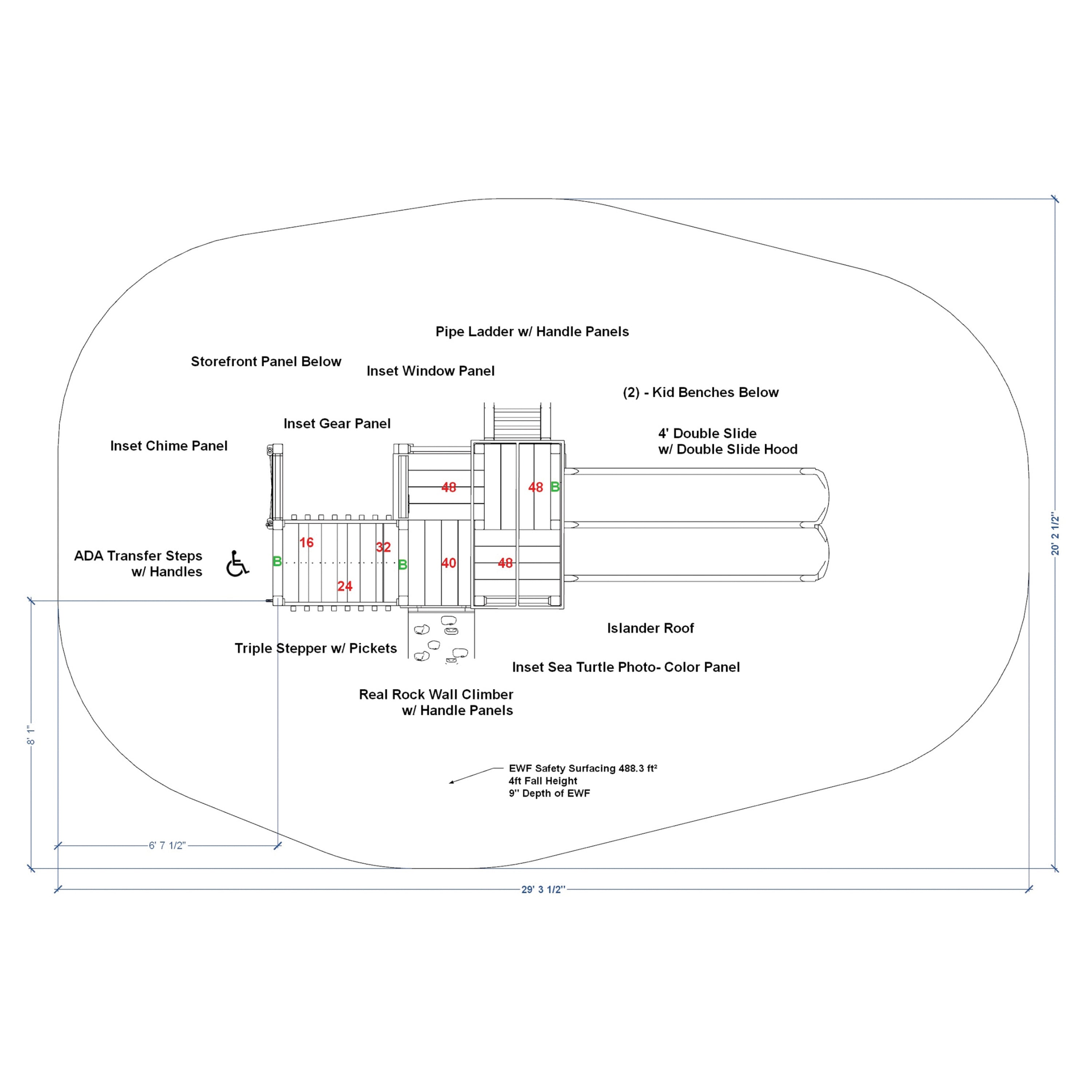 Technical drawing of a playground structure with labeled components on a white background