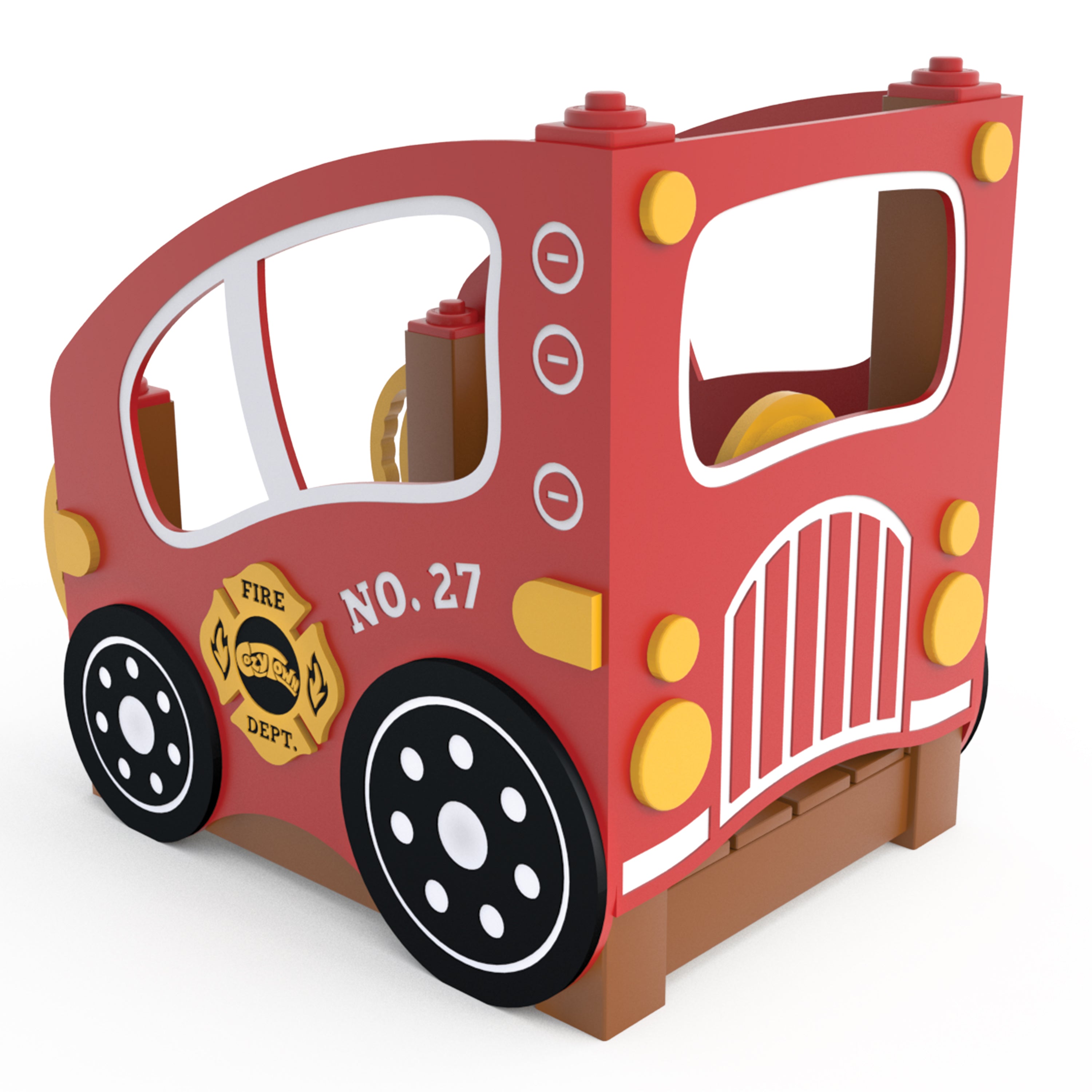 Red toy fire truck playground equipment with yellow and black details on a white background