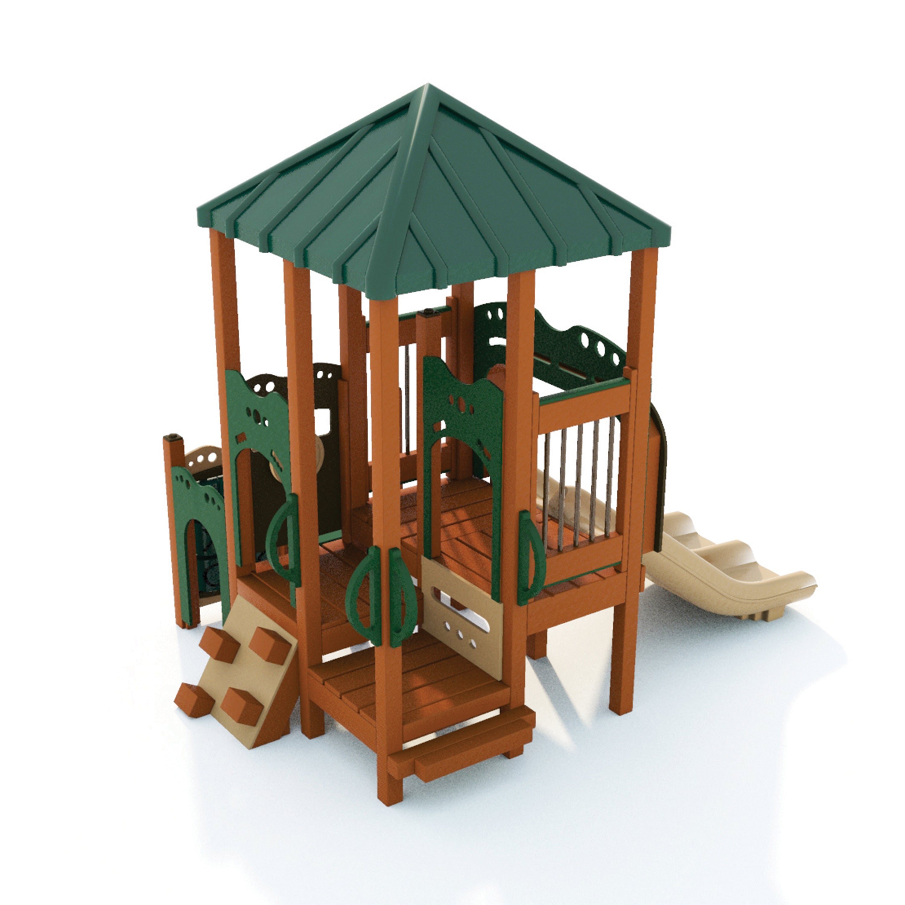 Children's playset with green roof and brown wooden structure on a white background