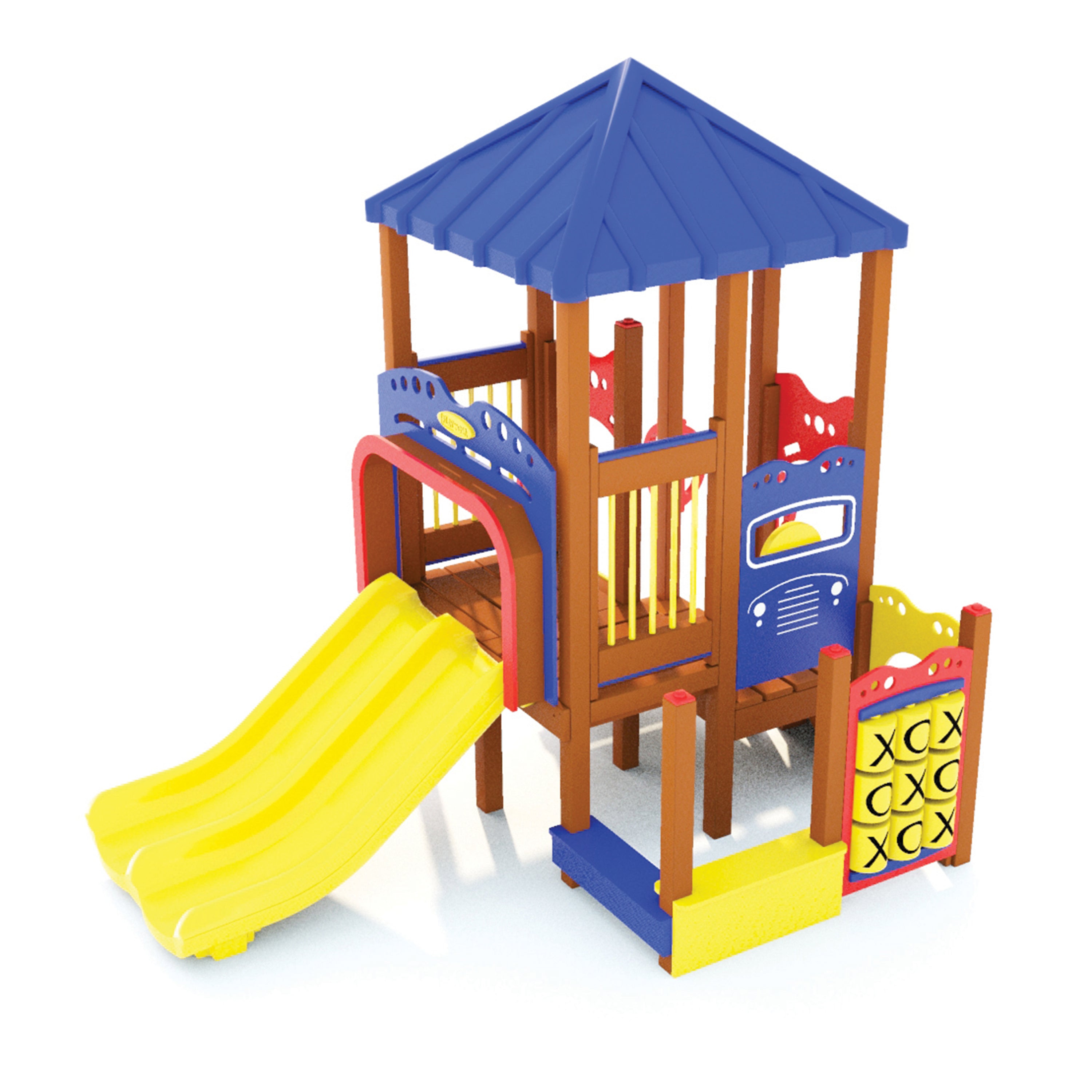 Colorful children's play structure with a yellow slide on a white background