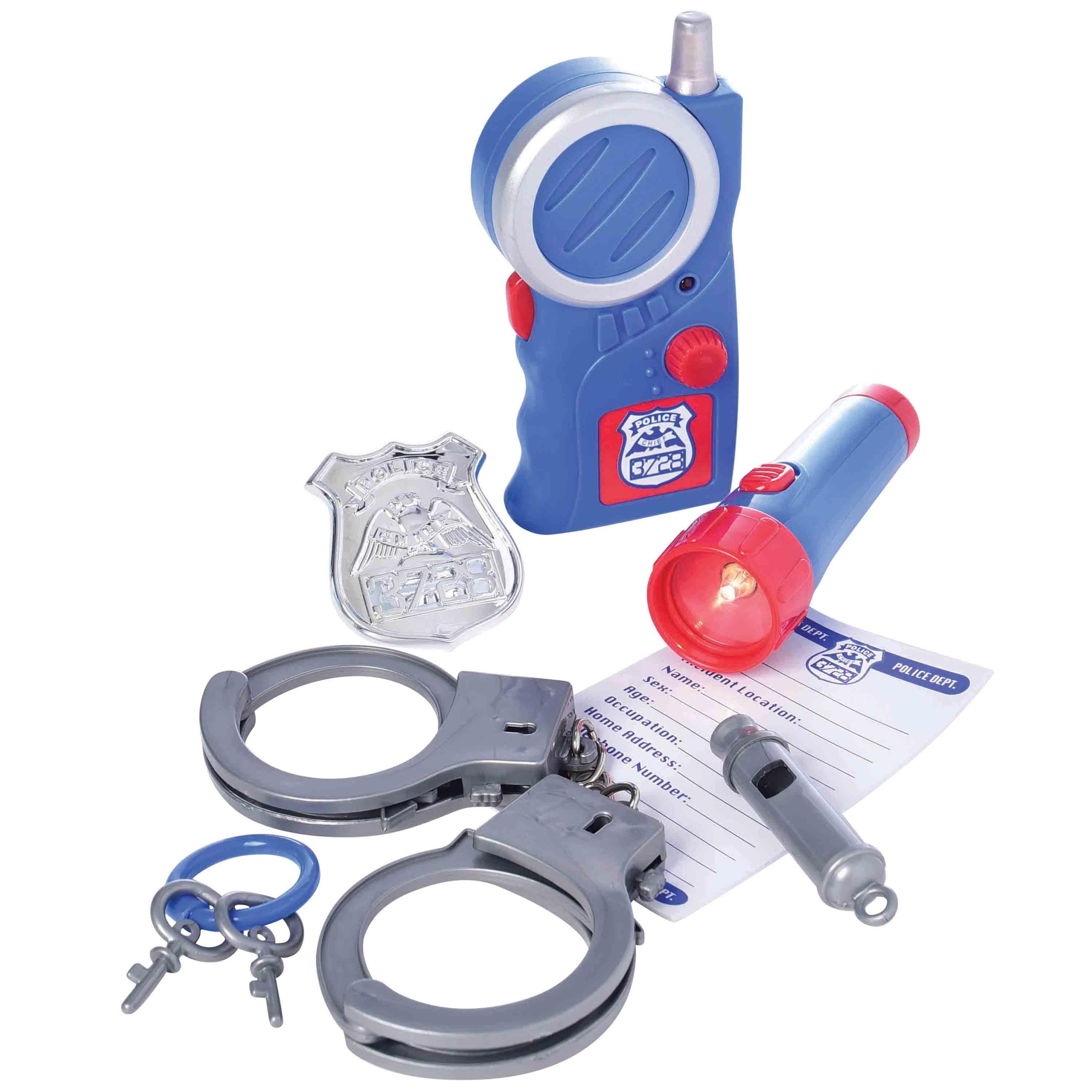 A toy police set on a white background, including a blue and red toy flashlight, a silver toy badge, gray toy handcuffs, keys, a small note, and a small tool.