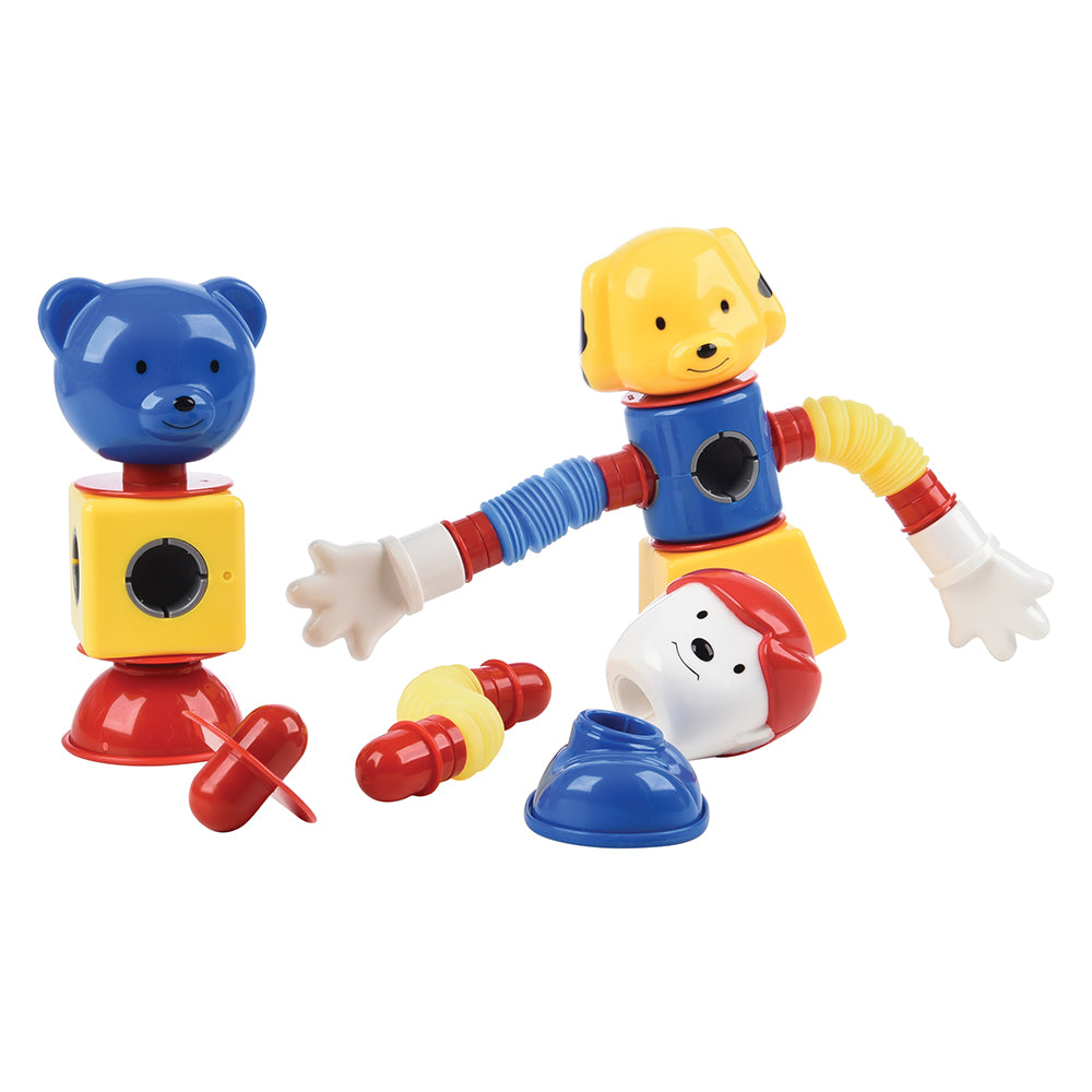 Colorful toy set with a bear-like figure and other components on a white background