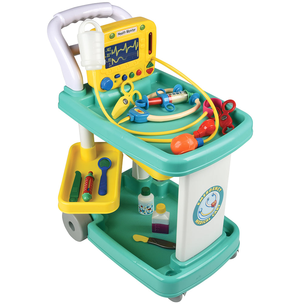Emergency Medical Play Cart with 11 Accessories and Swiveling Storage Shelves