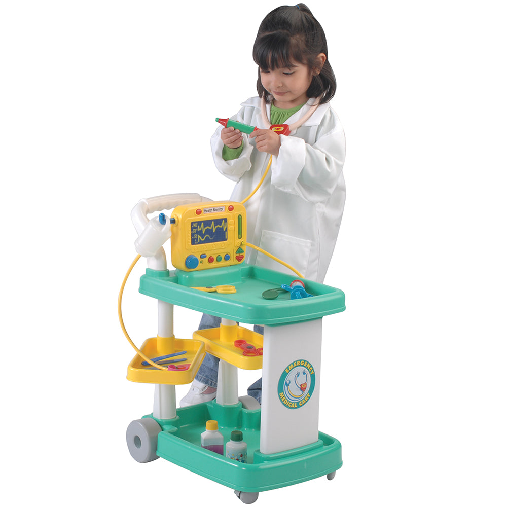 Kid with Lab Coat Using Pretend Play Medical Cart with Accessories