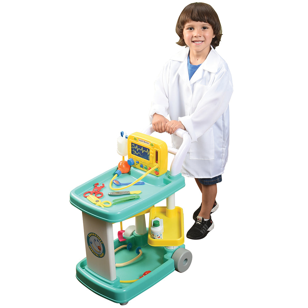 Kid with Lab Coat Pushing Pretend Play Medical Cart with Accessories