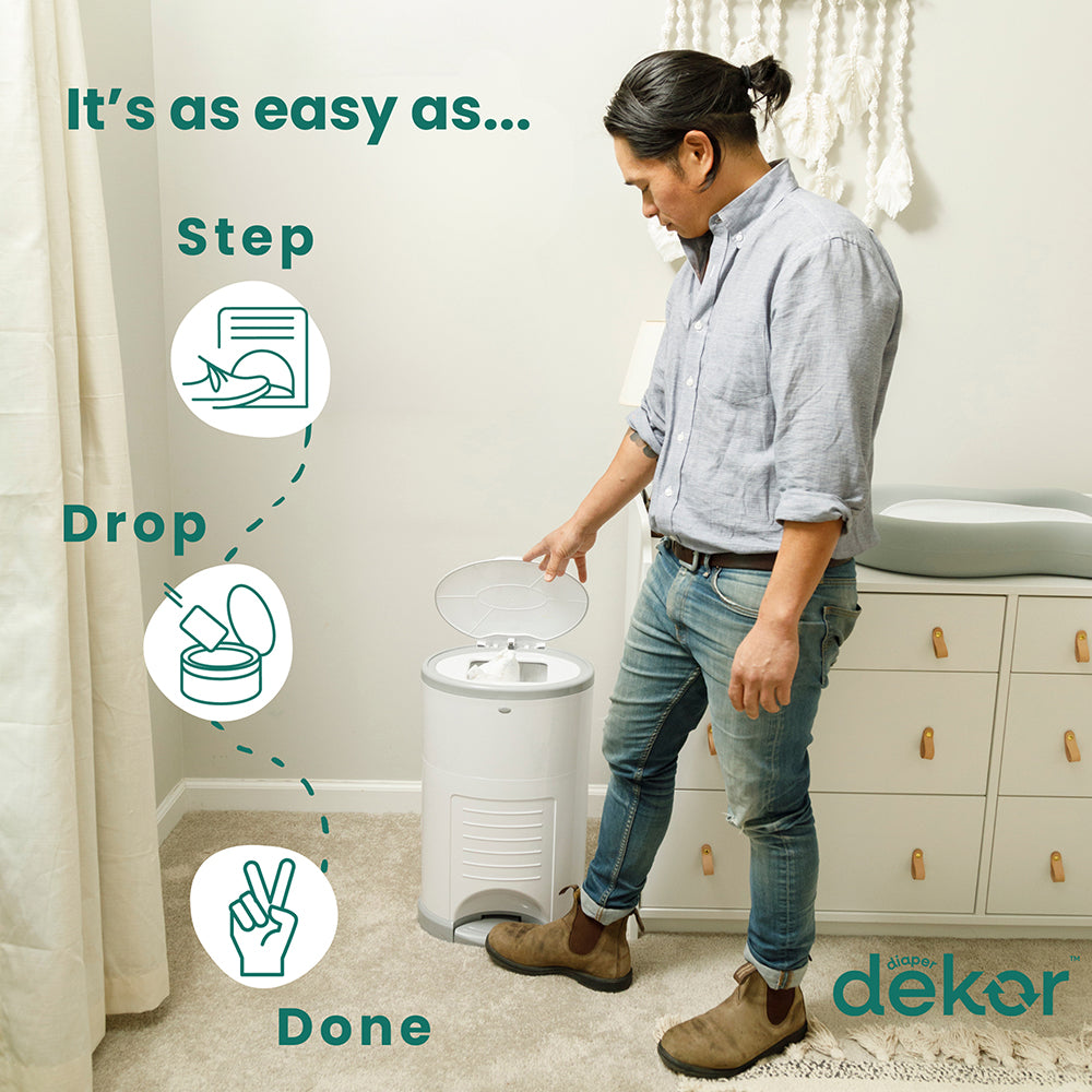 Illustration showing how to use Dekor Eko Plus Diaper Pail | Hands-Free, Odor-Controlled, Eco-Friendly for Classrooms