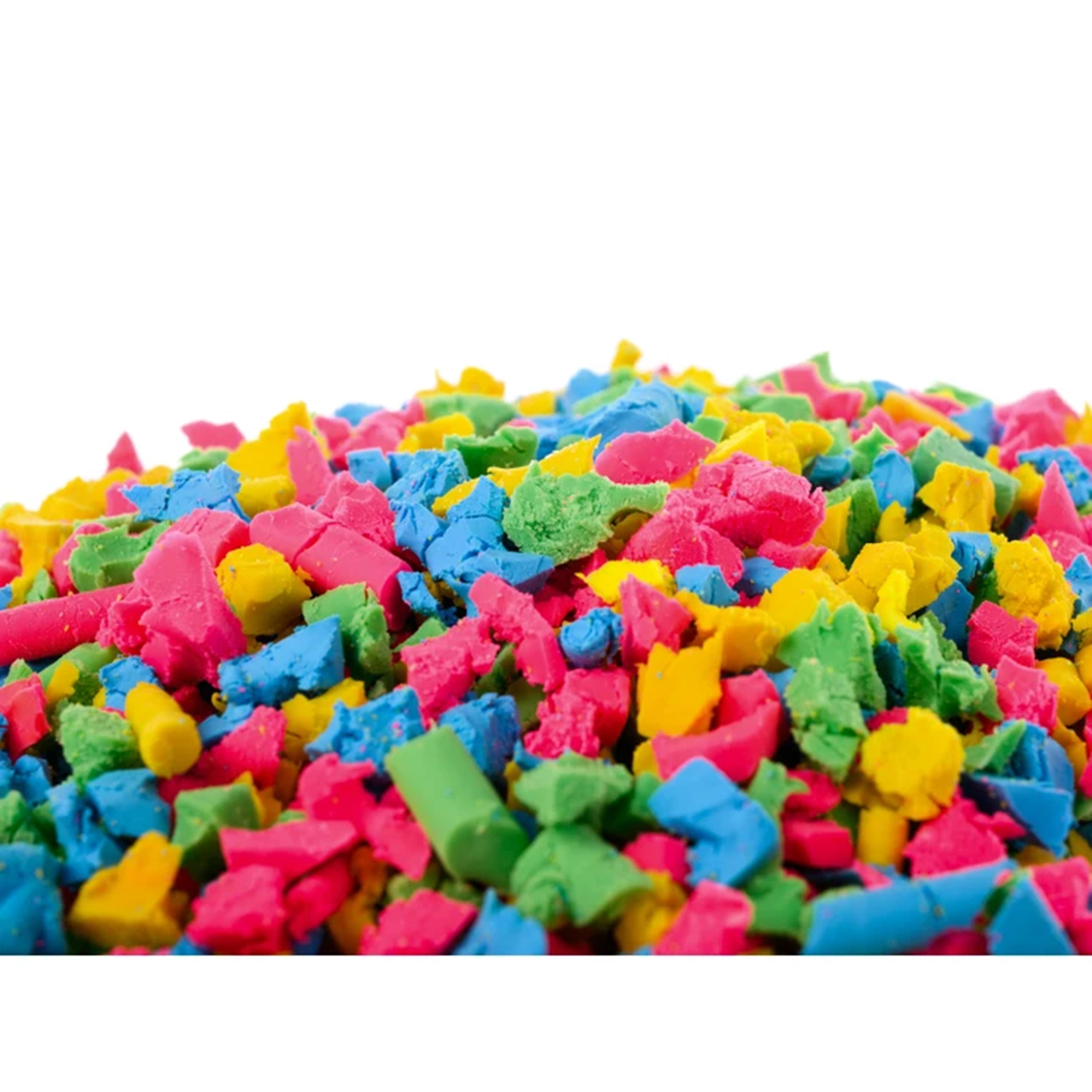Colorful foam pieces scattered on a white background