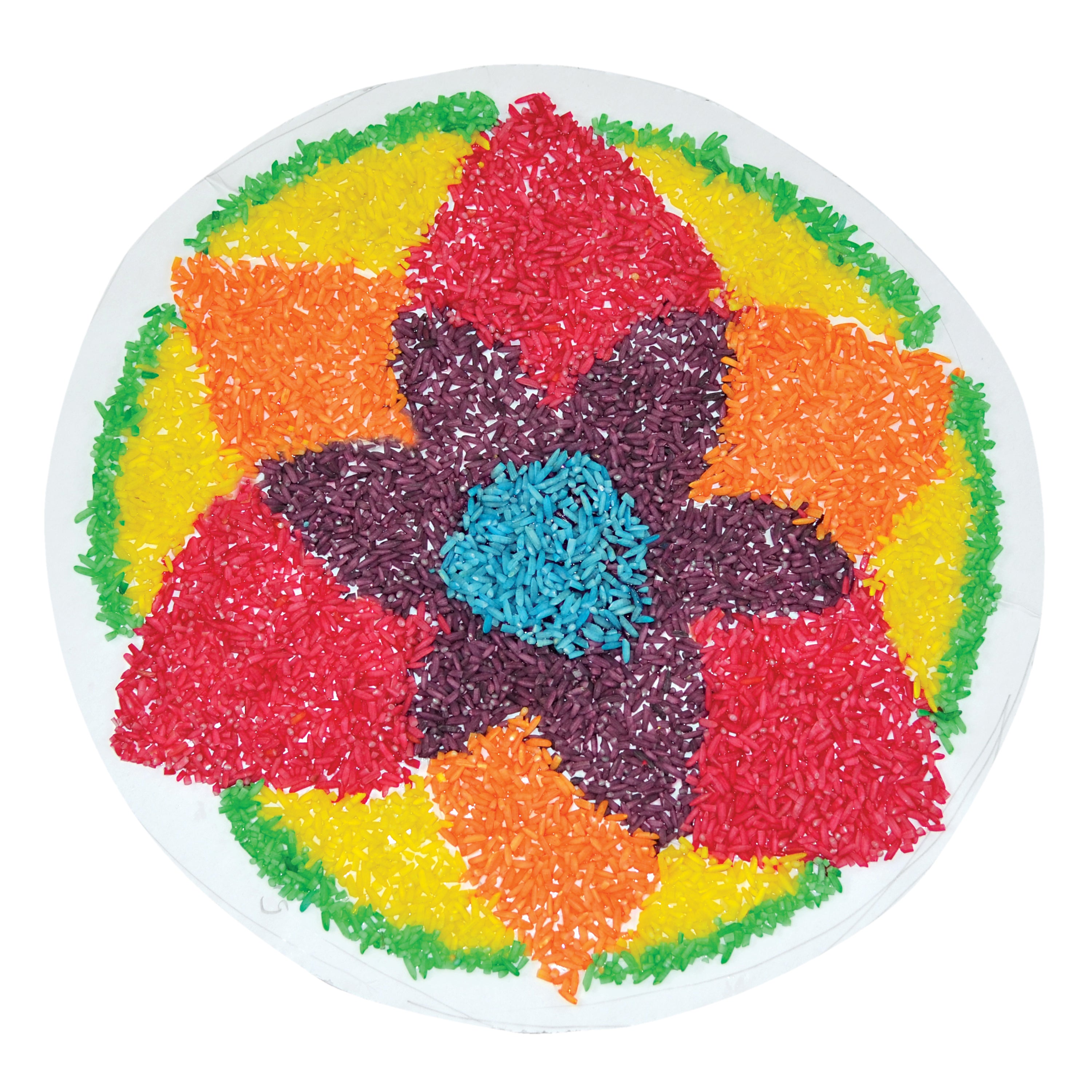 Colorful flower-shaped rice design with a white background