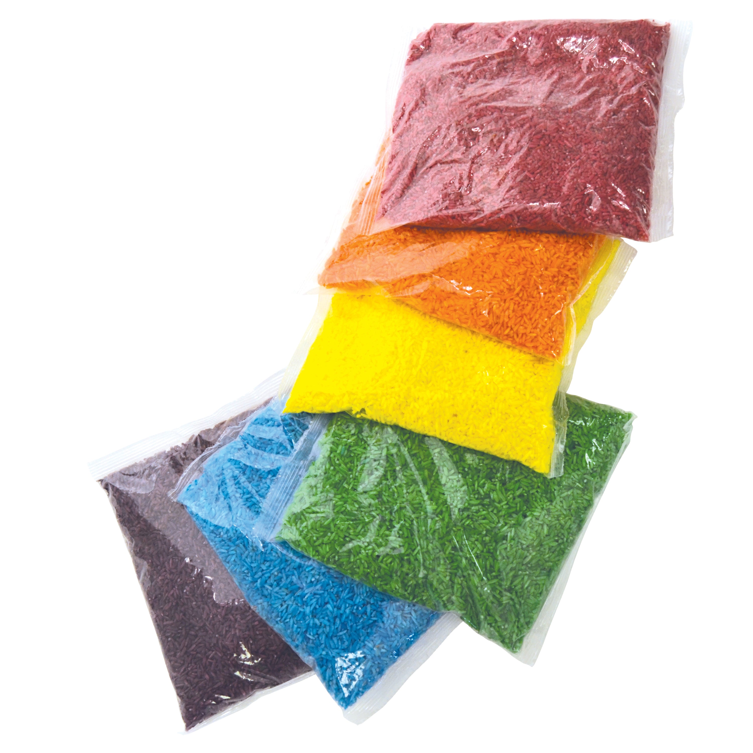 Stack of colorful bags with different textures on a white background