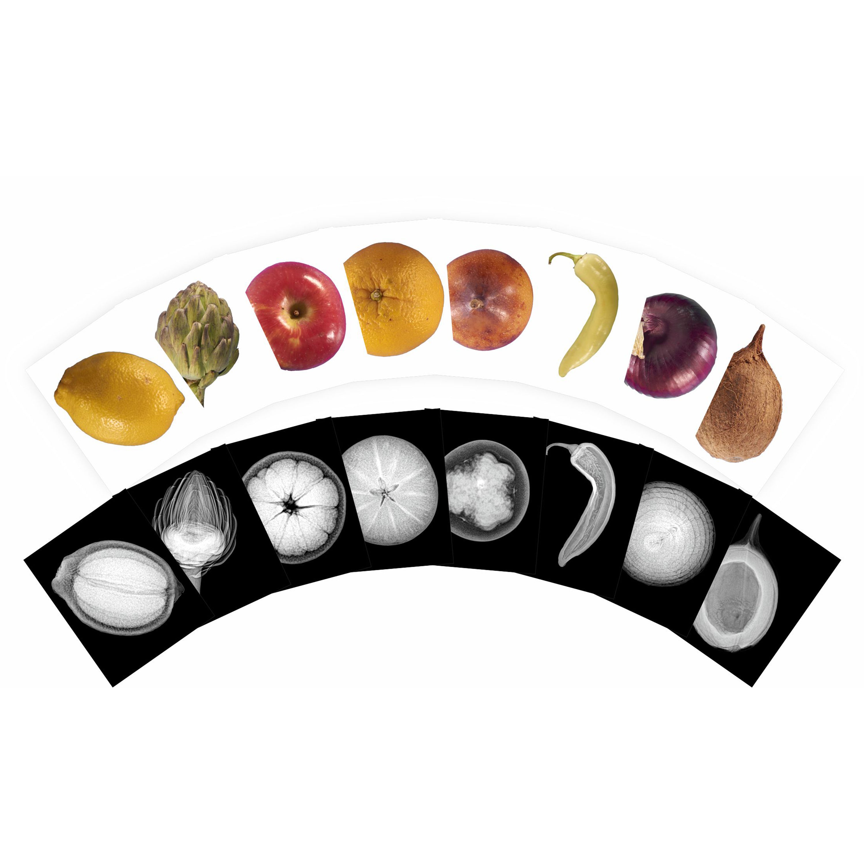 Fruits and vegetables images arranged in a curved line on a white background
