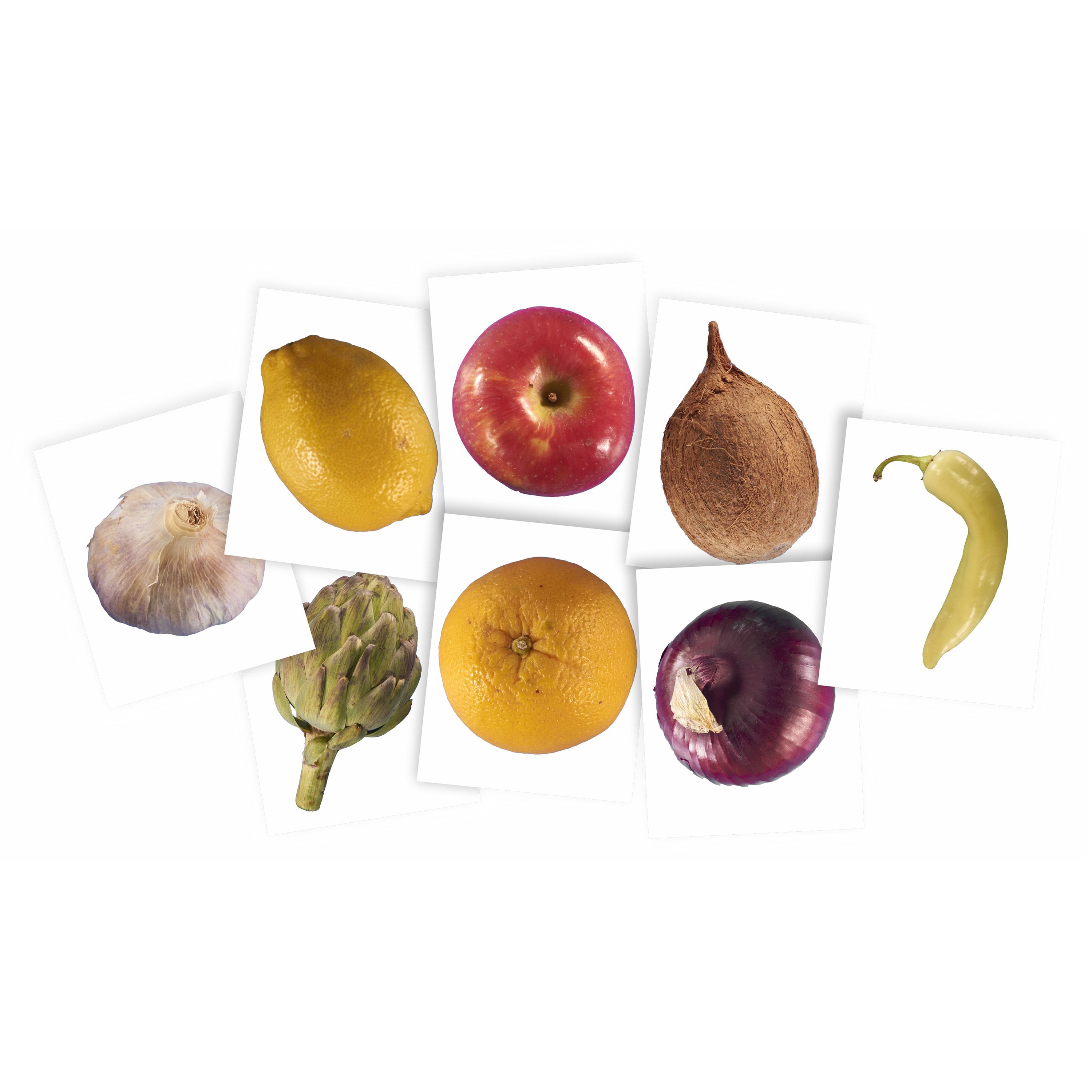 Set of fruit and vegetable flashcards on a white background