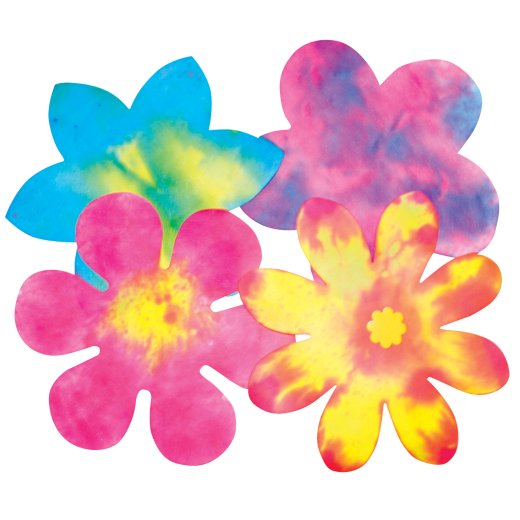 Four colorful tie-dye flowers on a white background