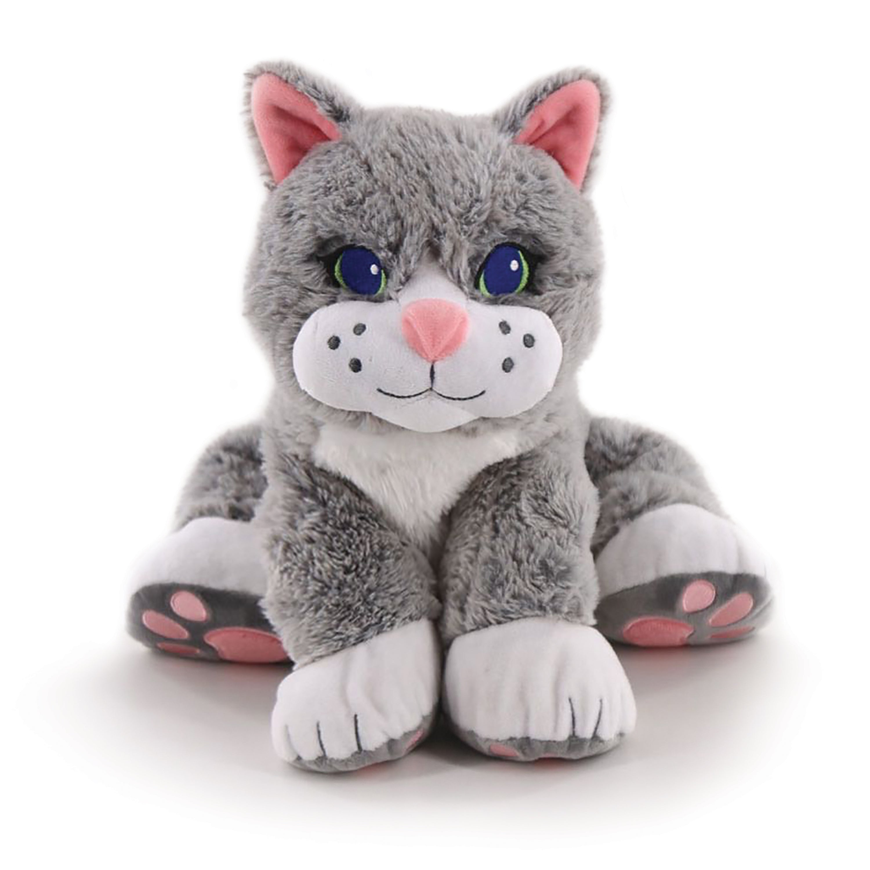 Plush toy cat with gray fur, pink ears and paws, and blue eyes on a white background