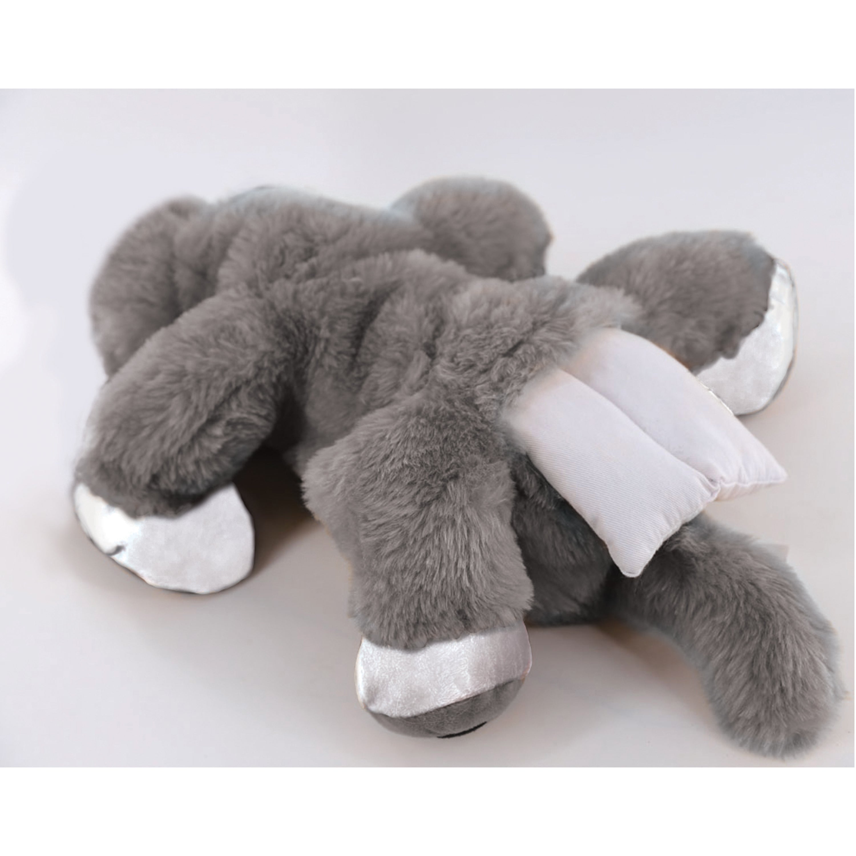 Gray plush toy with silver fur on a white background