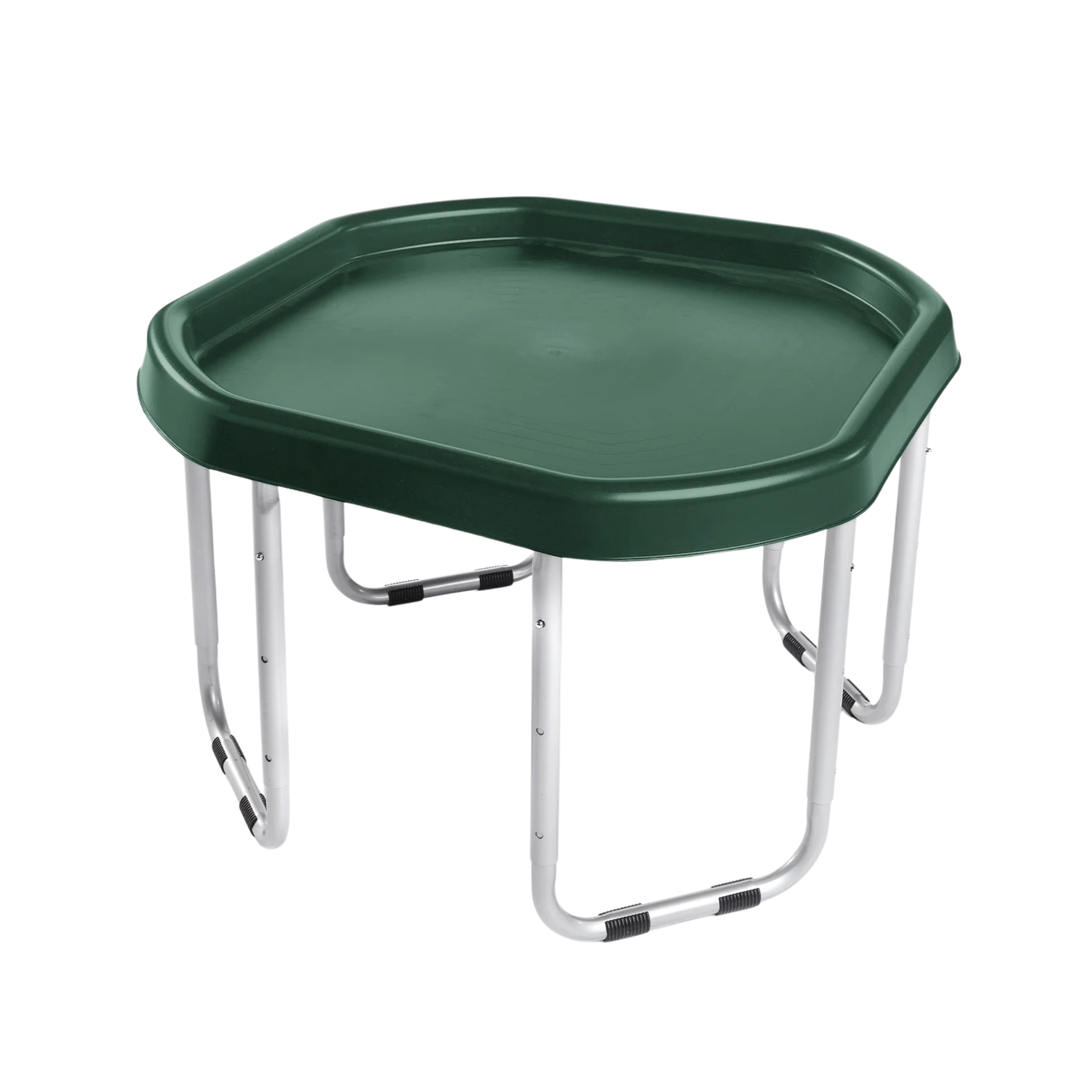 Green plastic tray on a metal frame stand with white background