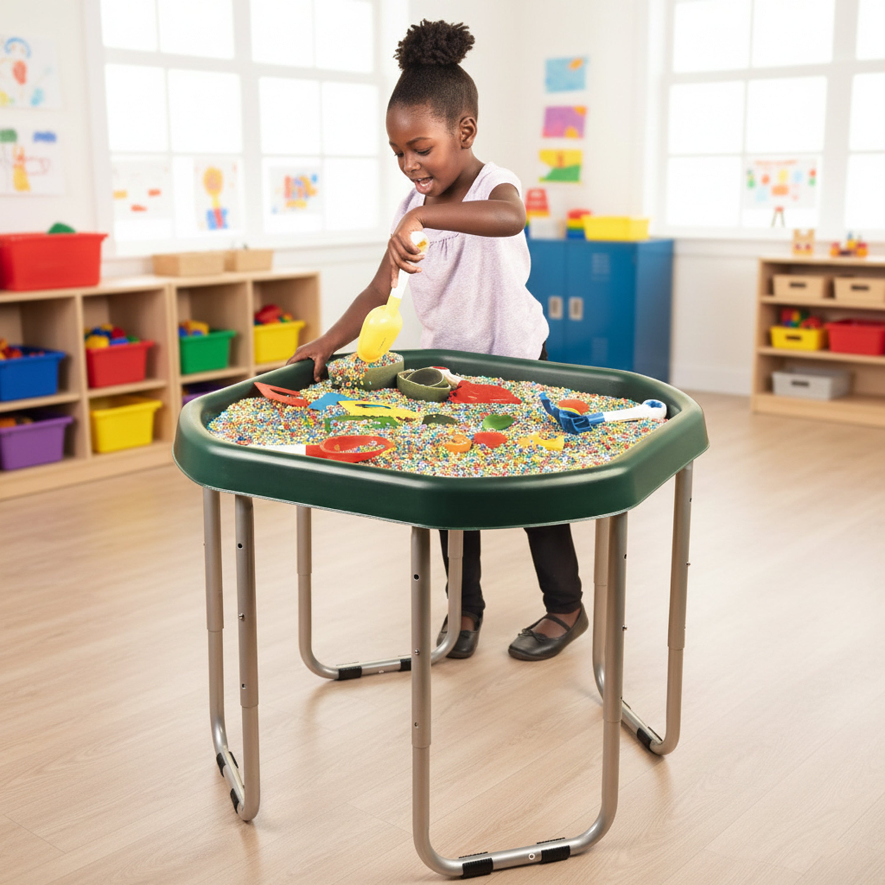 Junior Adjustable Activity Table with Sensory Tray | 28" Round Water, Sand & Art Play Station