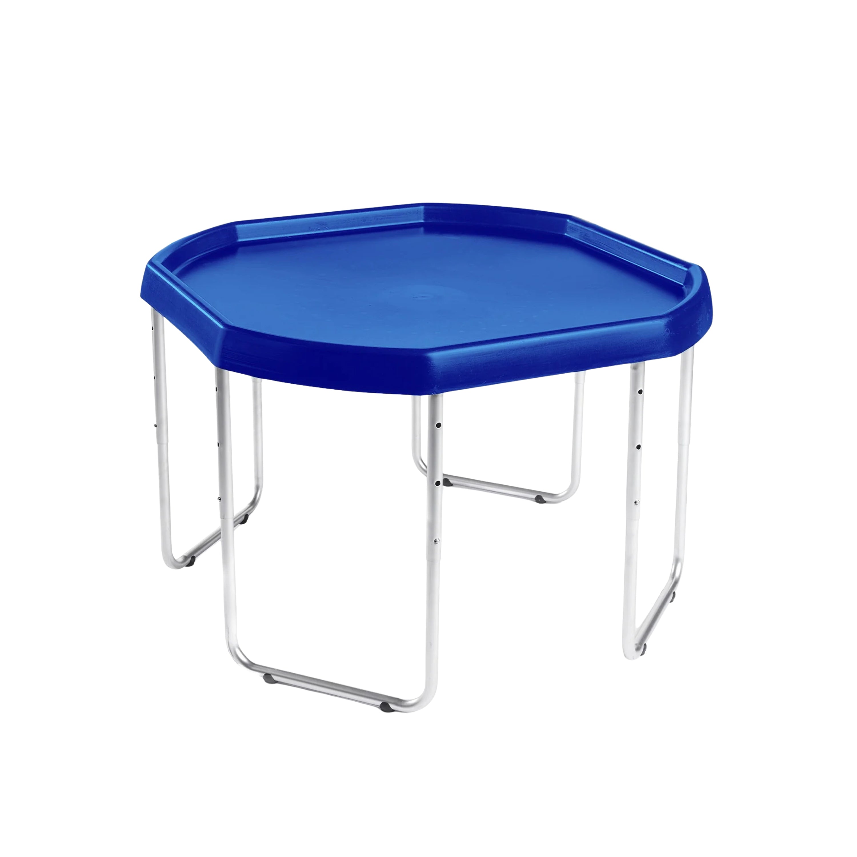 Blue plastic table with metal legs on a white background