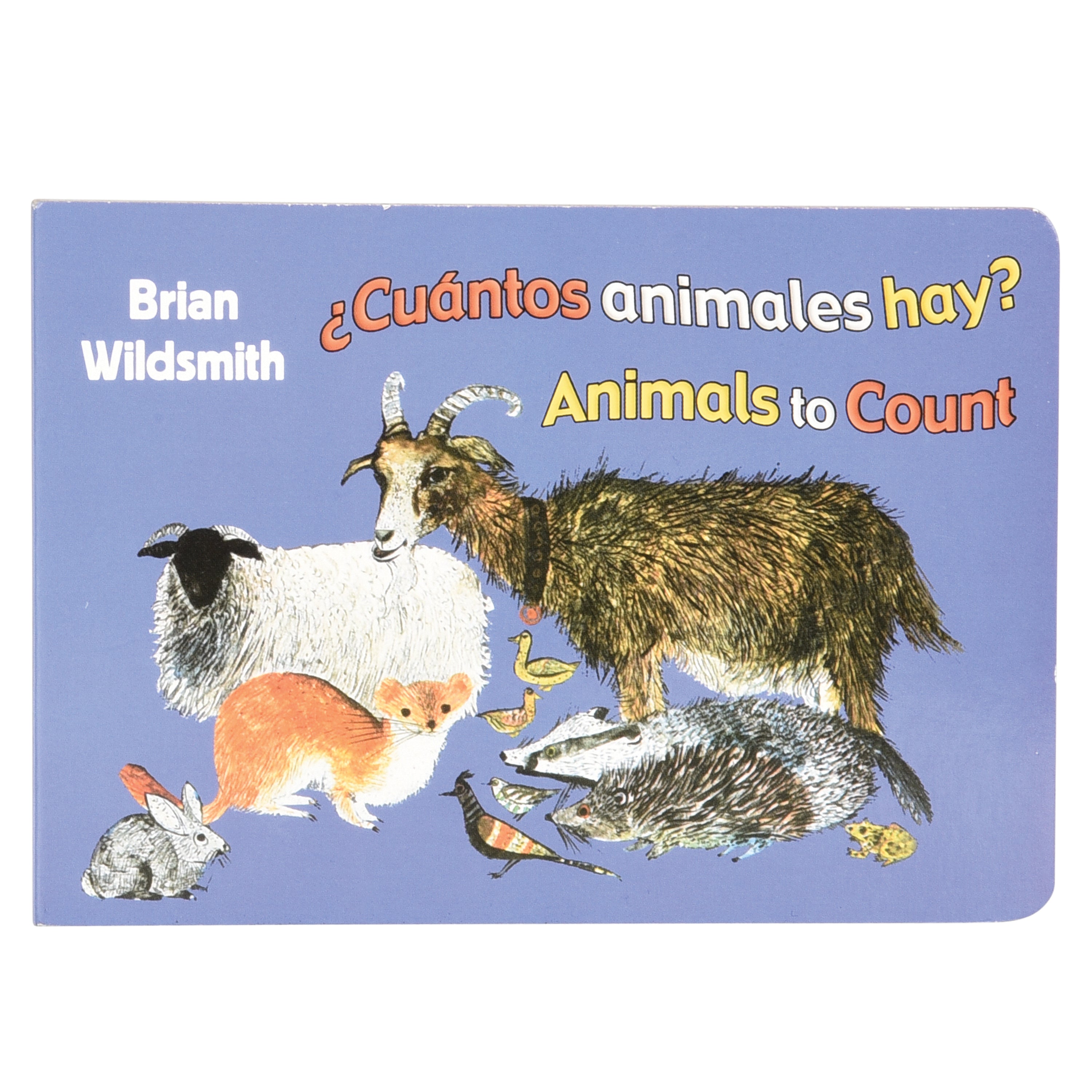The front cover of the children's book 'Animals to Count' by Brian Wildsmith, featuring a light blue background with various illustrated animals including a brown goat, white sheep, orange mink, rabbit, bird, and badger.